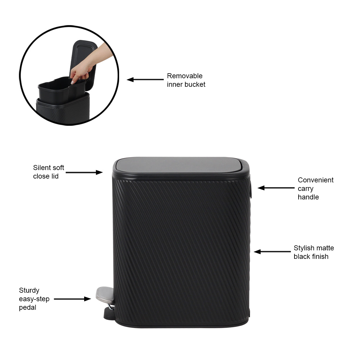 CASA Amalfi 5L Steel Swirl Ribbed Pedal Bin - Black