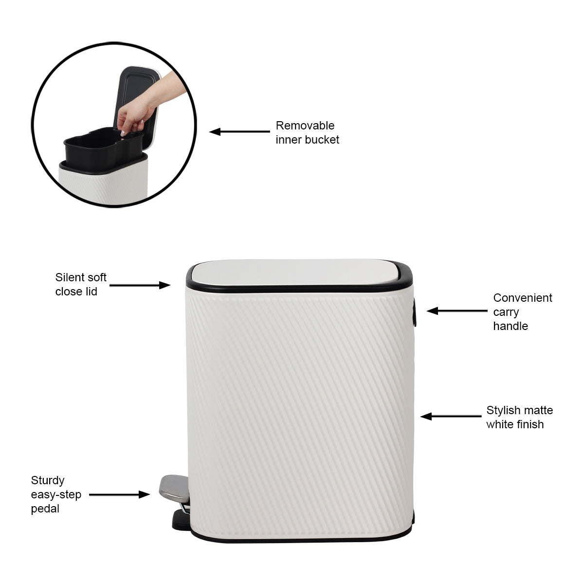 CASA Amalfi 5L Steel Swirl Ribbed Pedal Bin - White