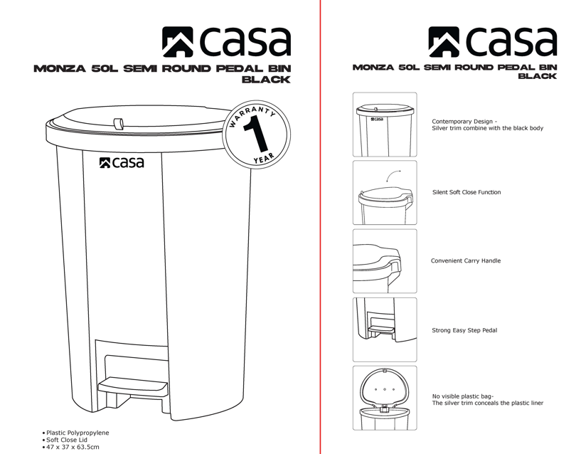 CASA Monza 50L Semi-Round Plastic Pedal Bin - Black