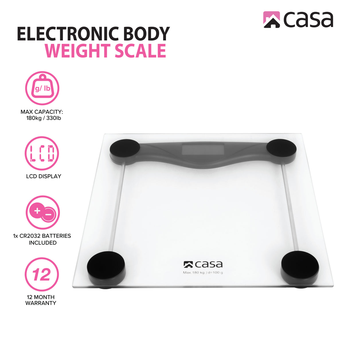 Black & Clear Glass Bathroom Scale CBSG02 – 180kg | Casa