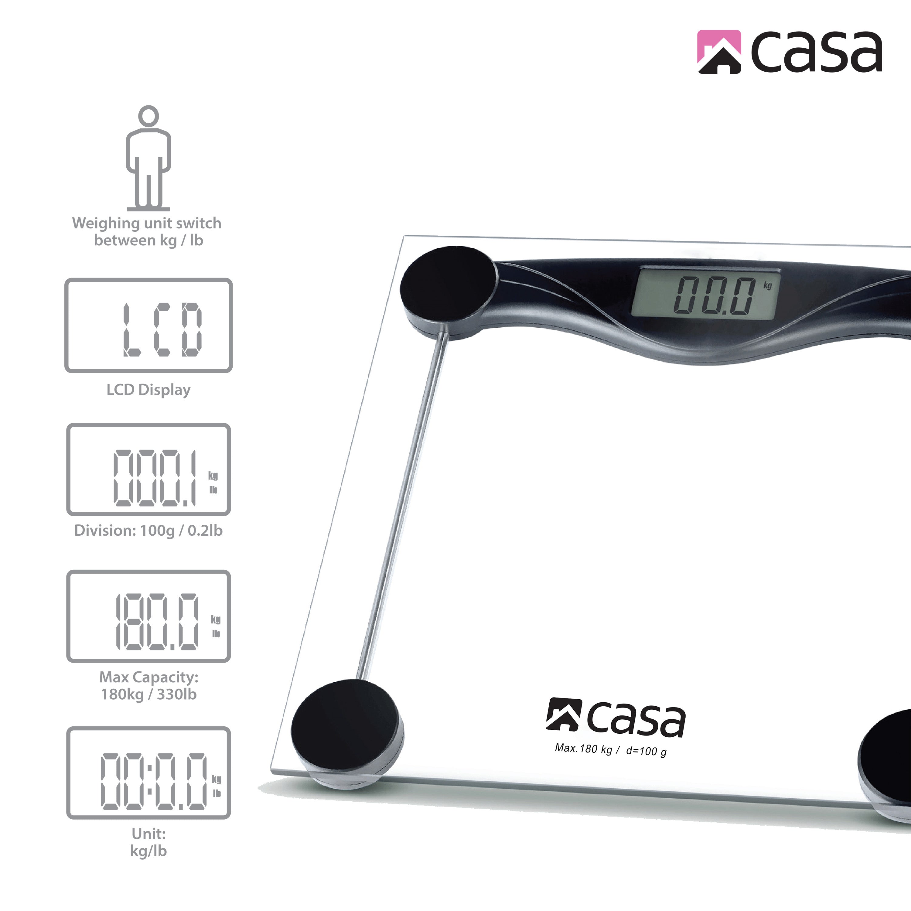 Digital Bathroom Scale- Glass Platform - Black/Clear