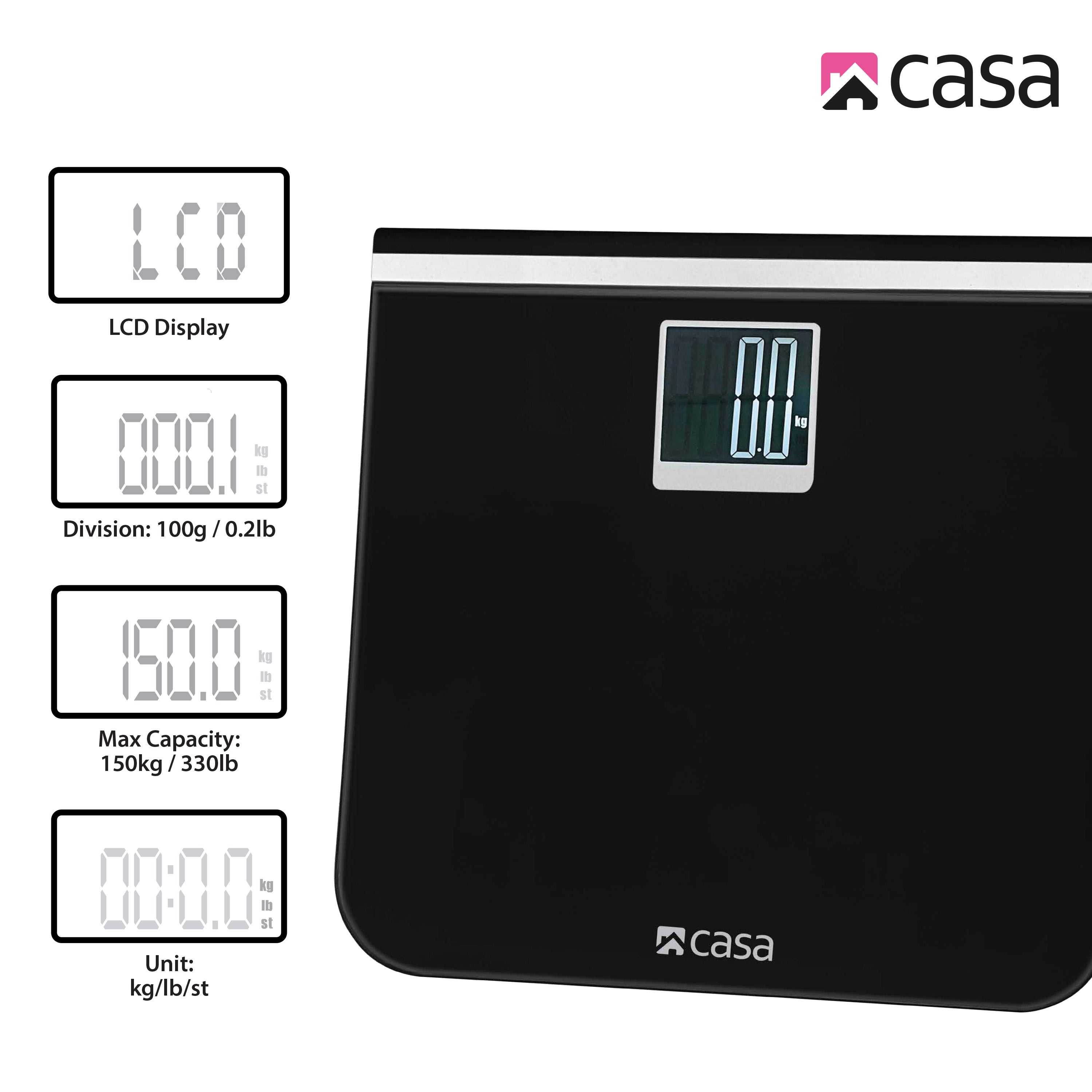 Digital Bathroom Scale | Glass Platform | Black | Large LCD Display