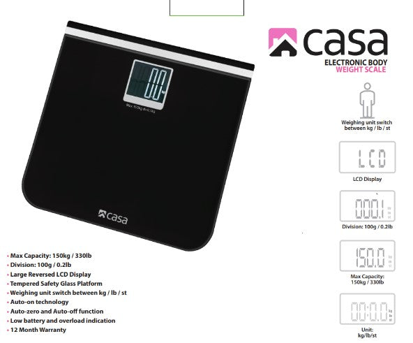 Digital Bathroom Scale - Glass Platform - Black - Large LCD Display