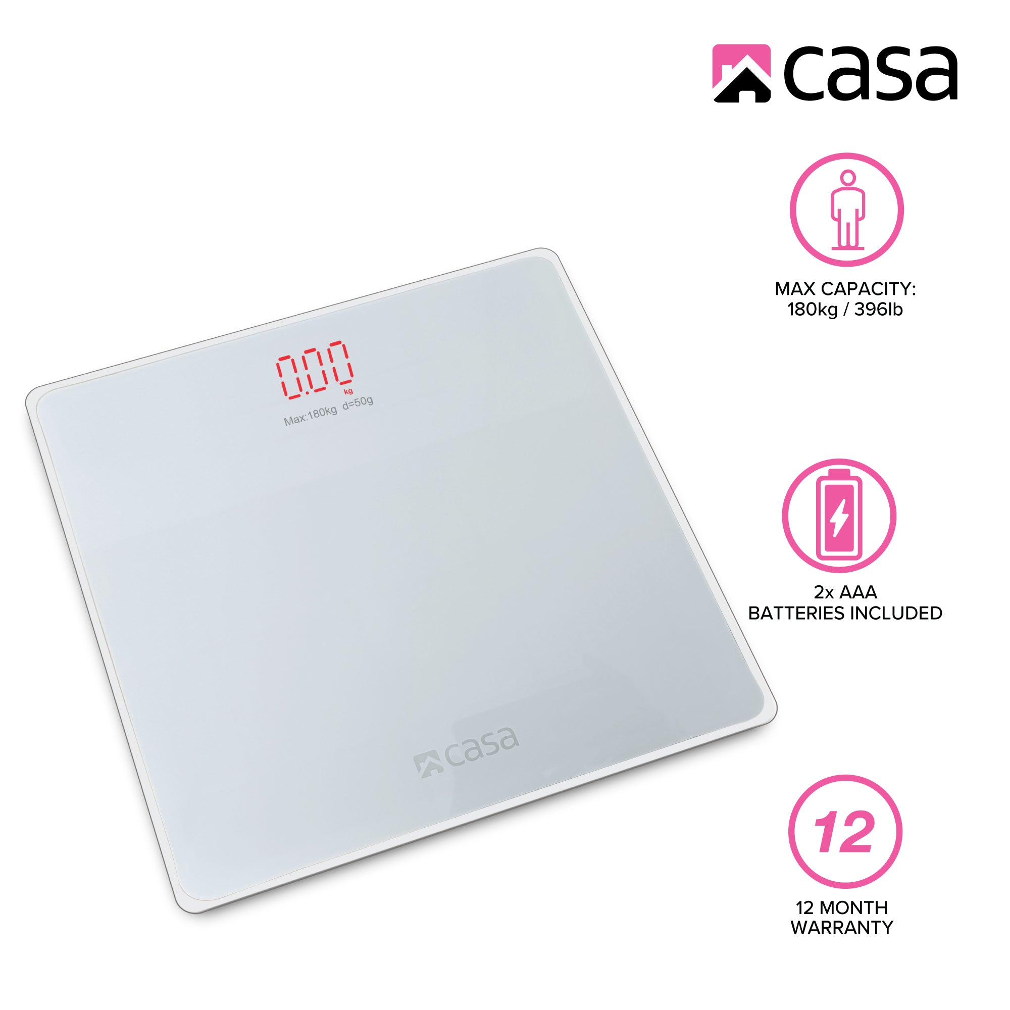 Digital Bathroom Glass Platform Scale - Rounded Corners - With Red LED