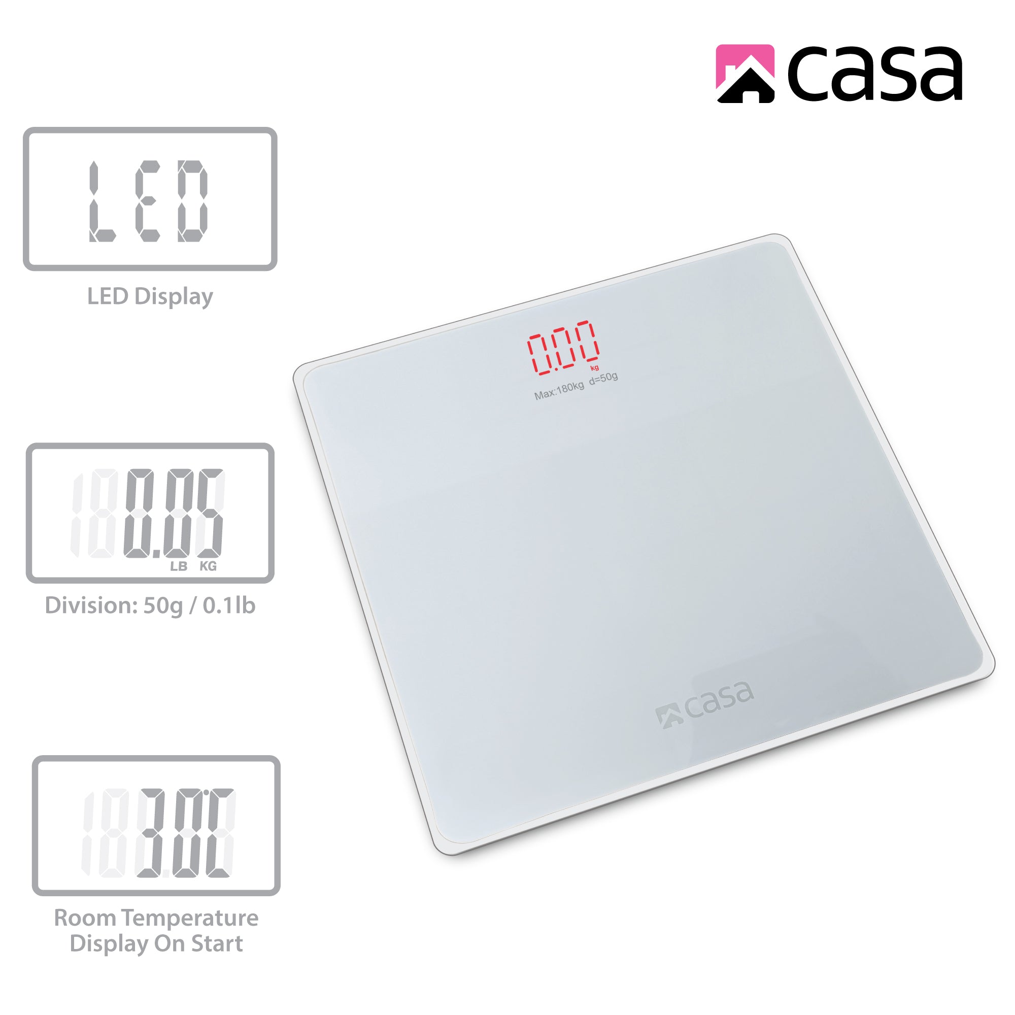 Digital Bathroom Glass Platform Scale - Rounded Corners - With Red LED