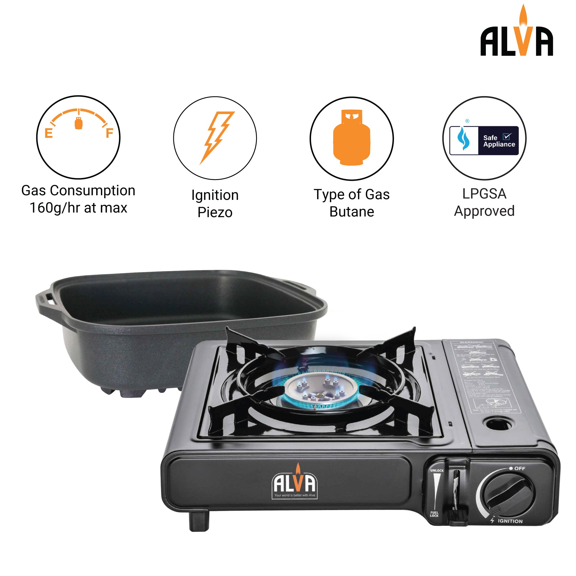 Single Burner Butane Gas Canister Stove + Cooking Pot & Lid - 1 Plate