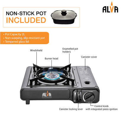 SINGLE BURNER BUTANE CANISTER STOVE + COOKING POT & LID