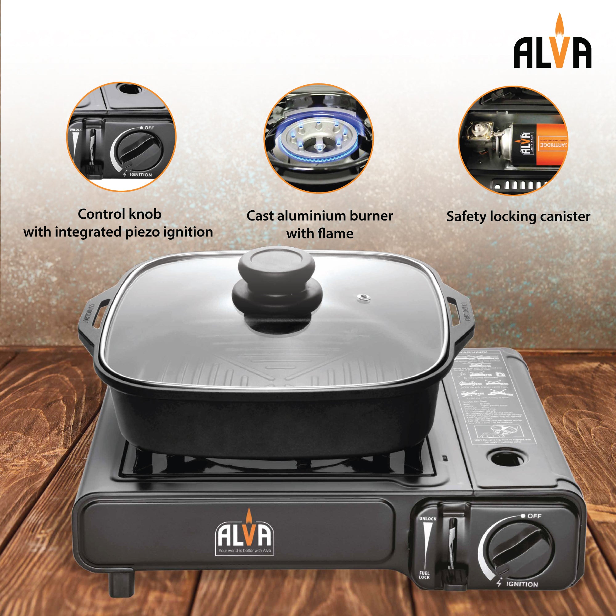 Single Burner Butane Gas Canister Stove + Cooking Pot & Lid - 1 Plate