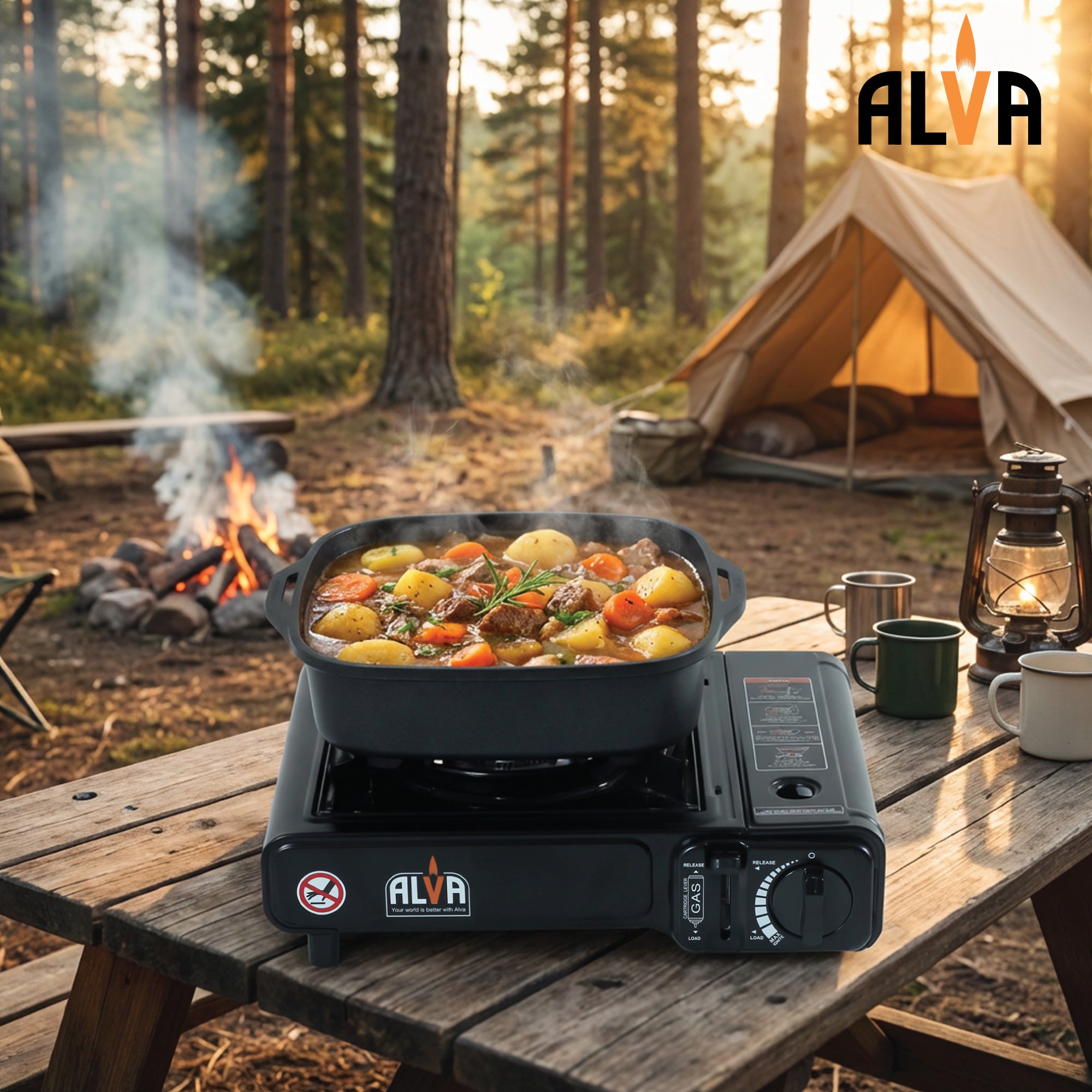 Single Burner Butane Gas Canister Stove + Cooking Pot & Lid - 1 Plate