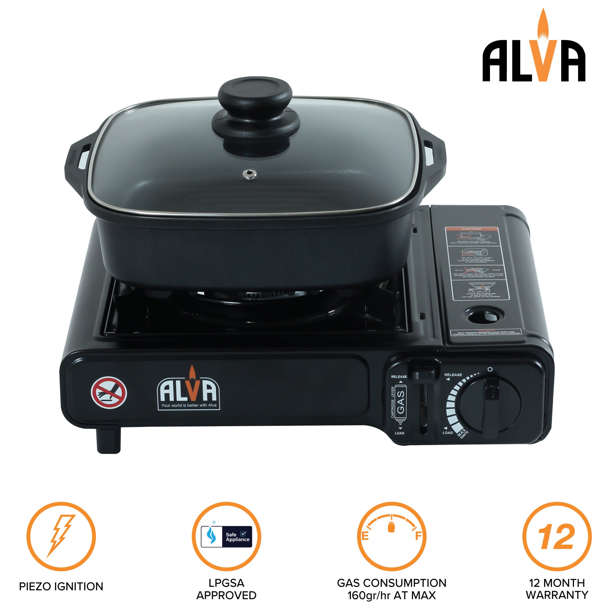 Single Burner Butane Gas Canister Stove + Cooking Pot & Lid - 1 Plate