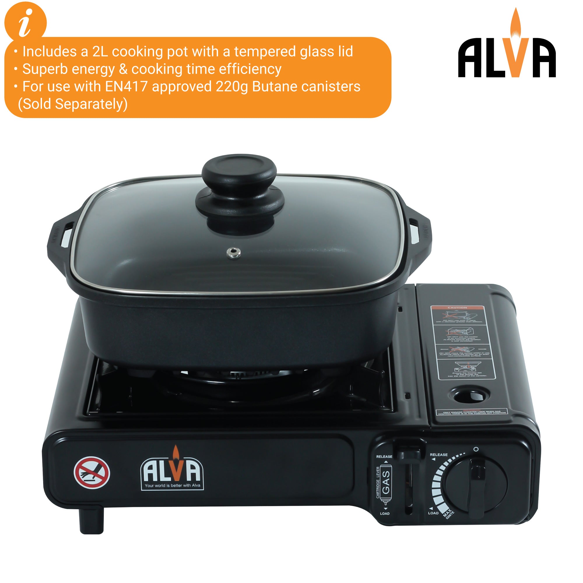 Single Burner Butane Gas Canister Stove + Cooking Pot & Lid - 1 Plate