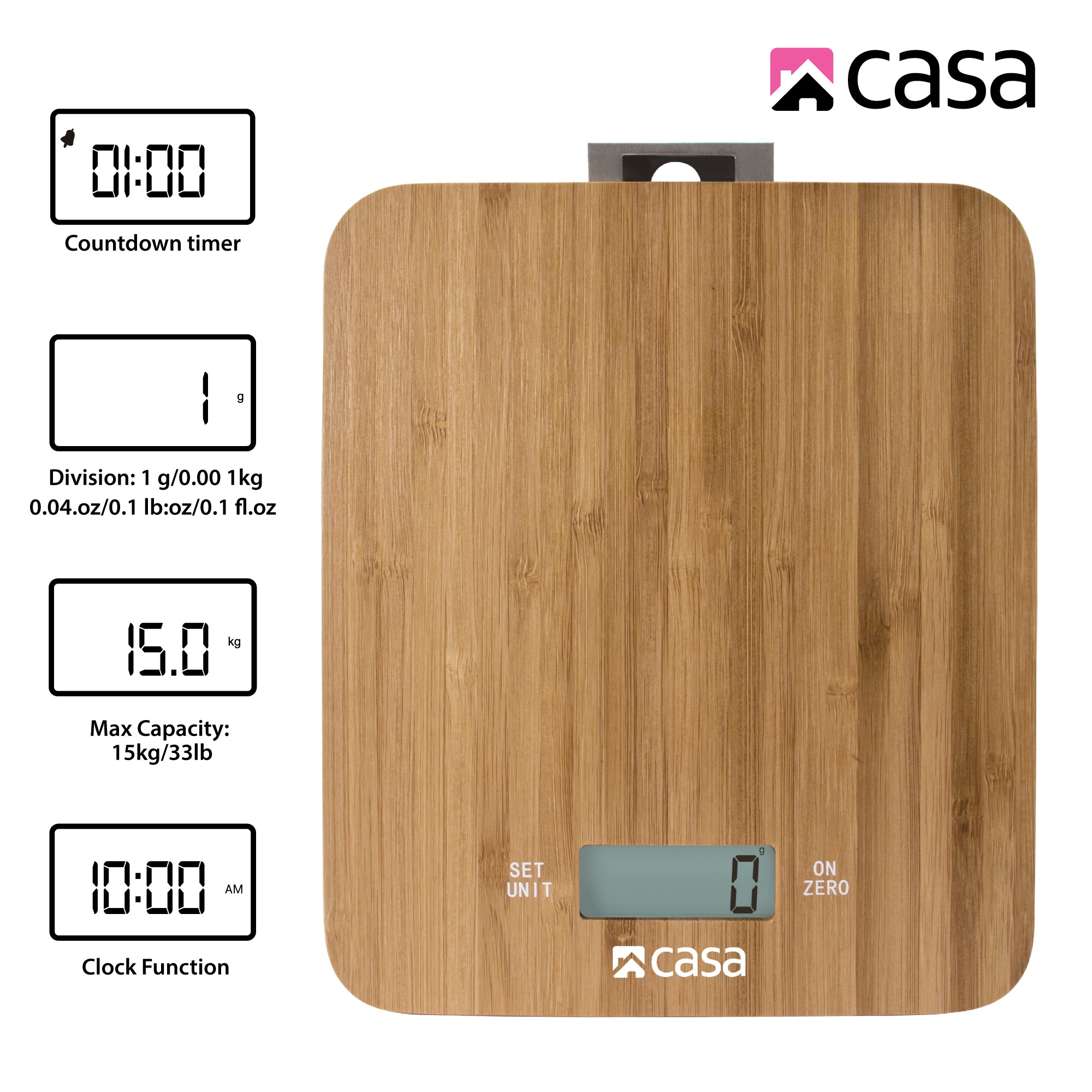 Kitchen Digital Scale - Bamboo - Clock & Timer