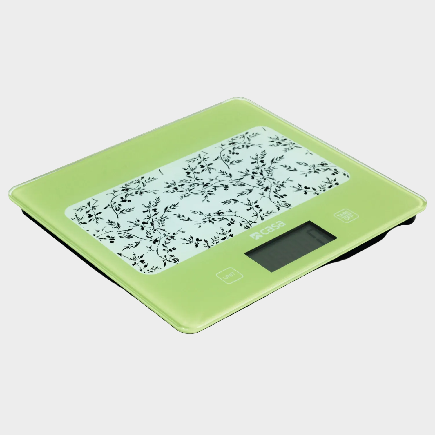 Green digital kitchen scale with floral design on a gray background