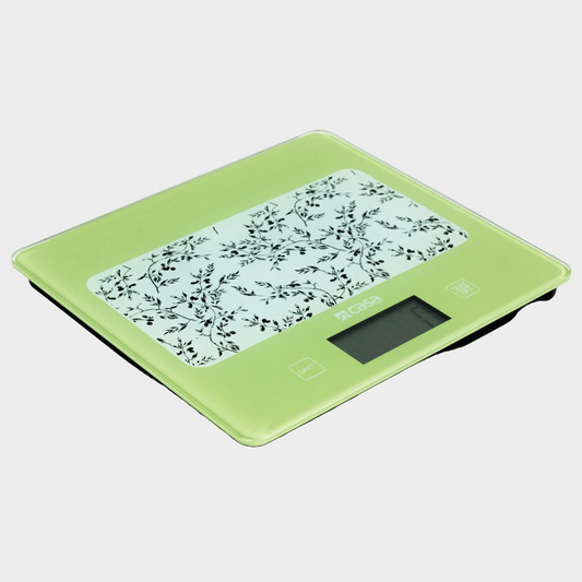 Green digital kitchen scale with floral design on a gray background