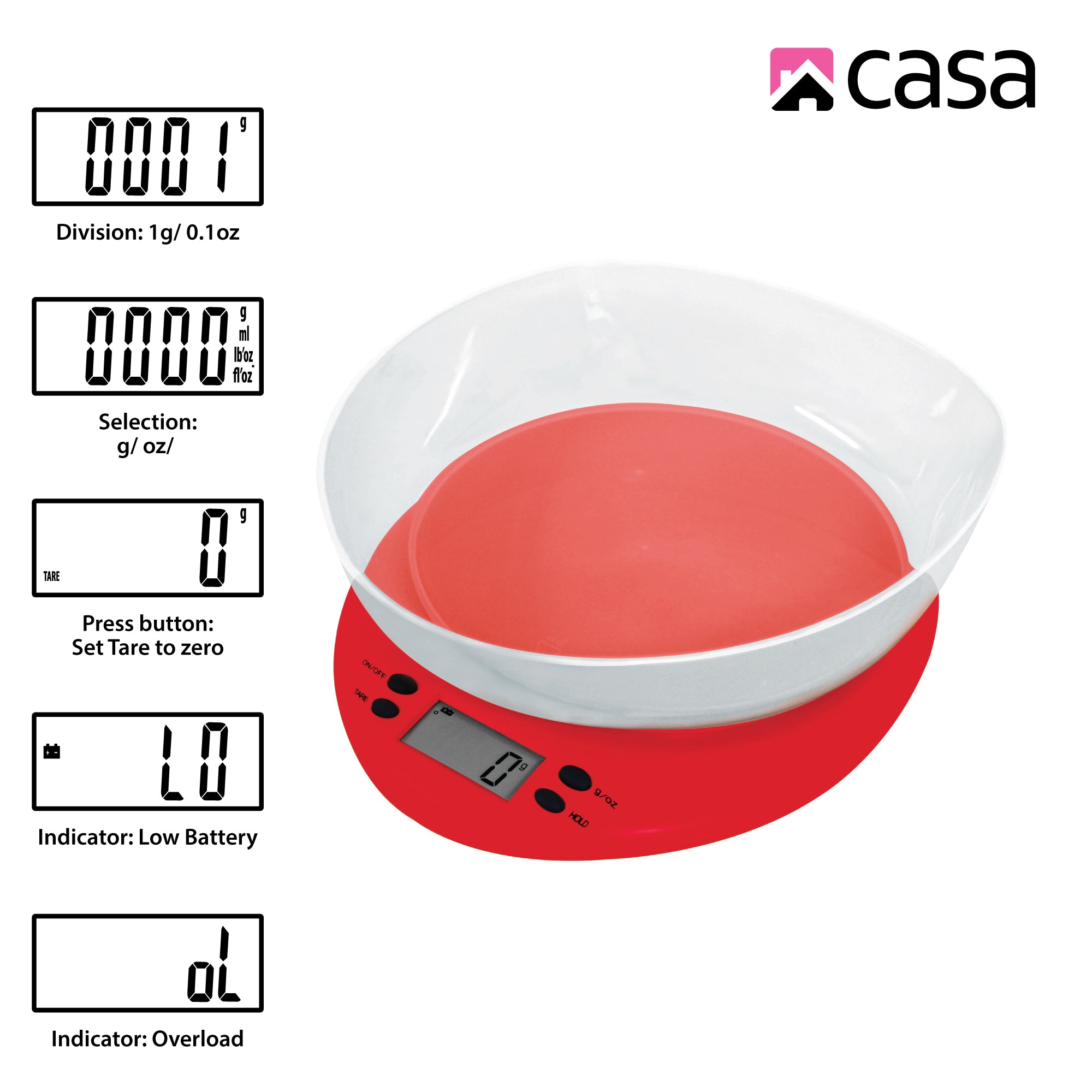 Redman Kitchen Scale Red Digital Kitchen Scale CKSP01 – With Plastic Bowl | Casa