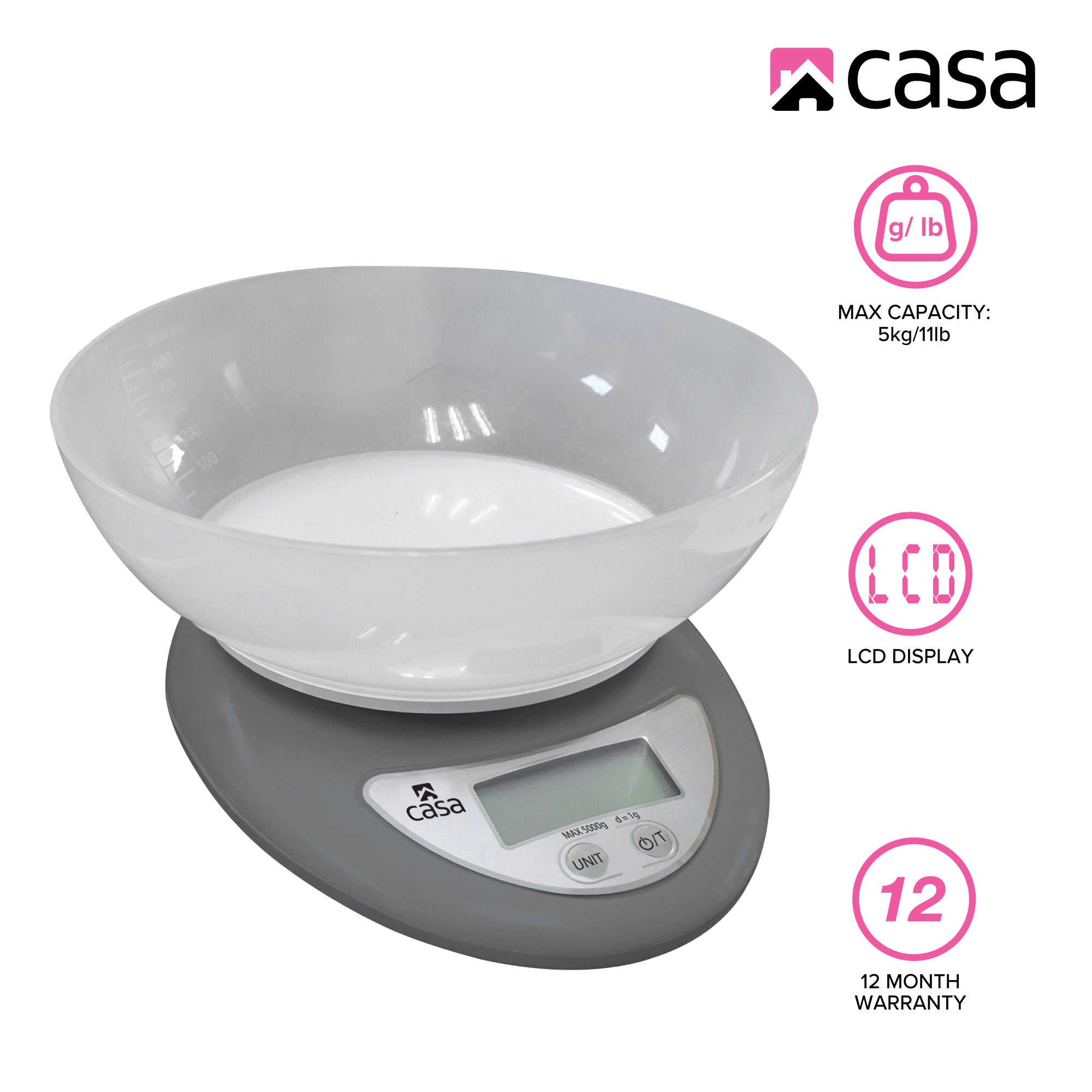Kitchen Digital Scale - Grey - With Clear Plastic Bowl