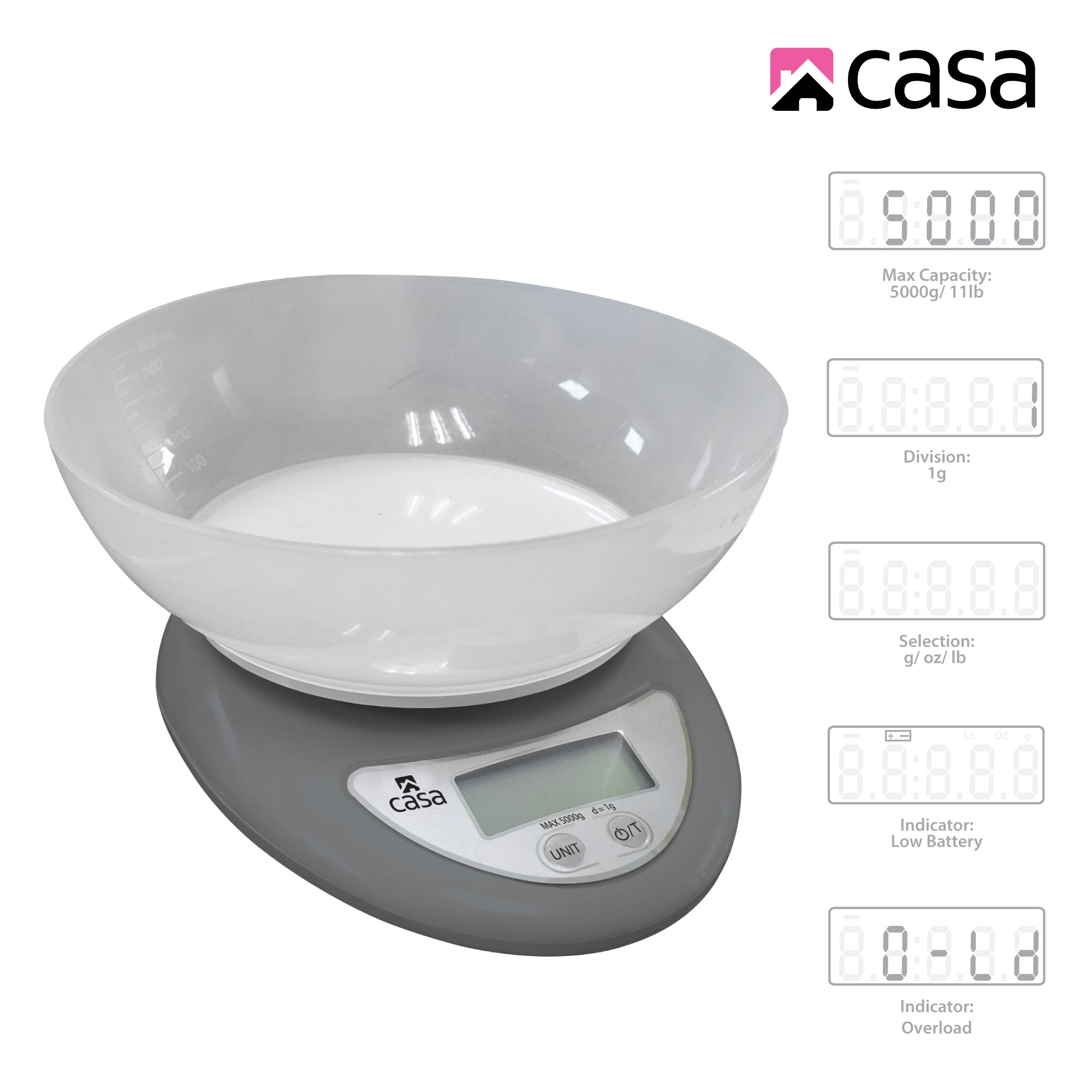 Kitchen Digital Scale - Grey - With Clear Plastic Bowl