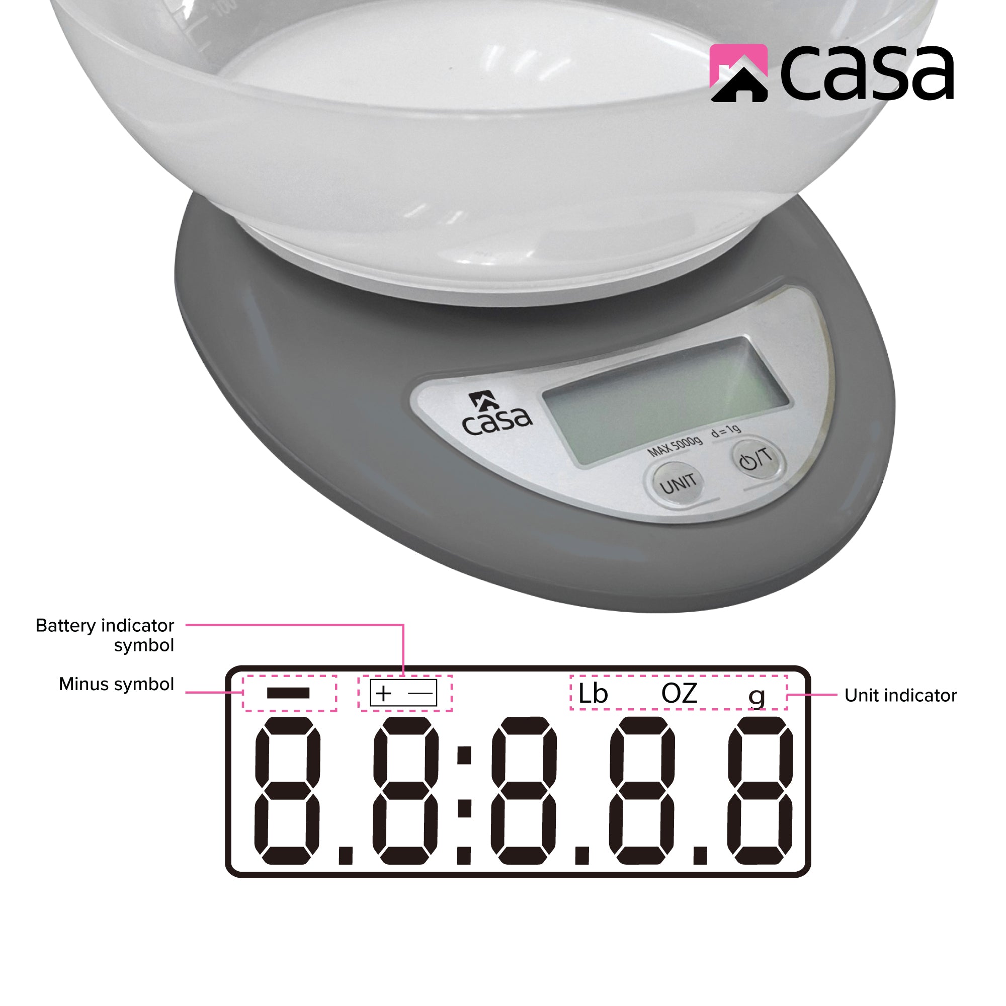 Kitchen Digital Scale - Grey - With Clear Plastic Bowl
