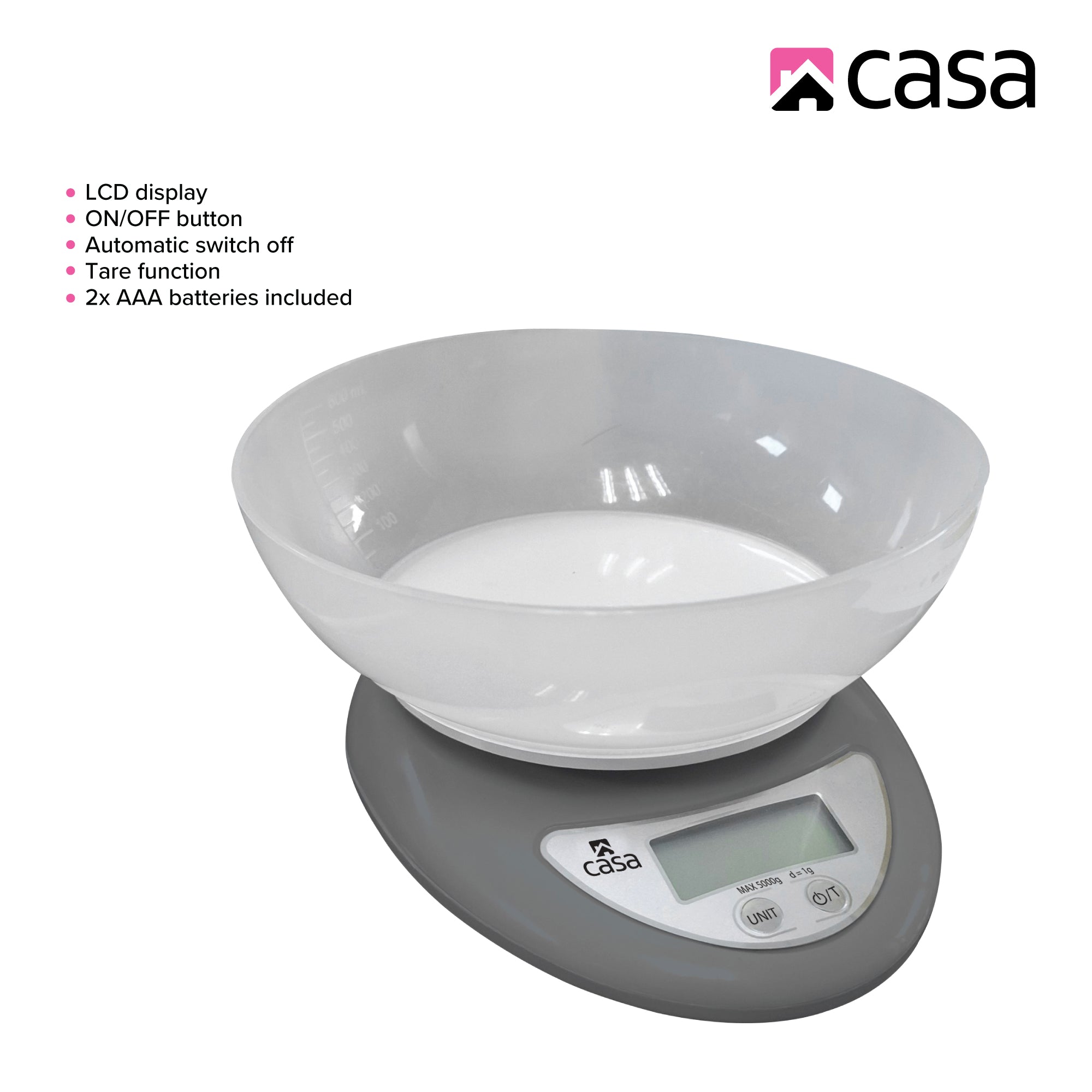 Kitchen Digital Scale - Grey - With Clear Plastic Bowl