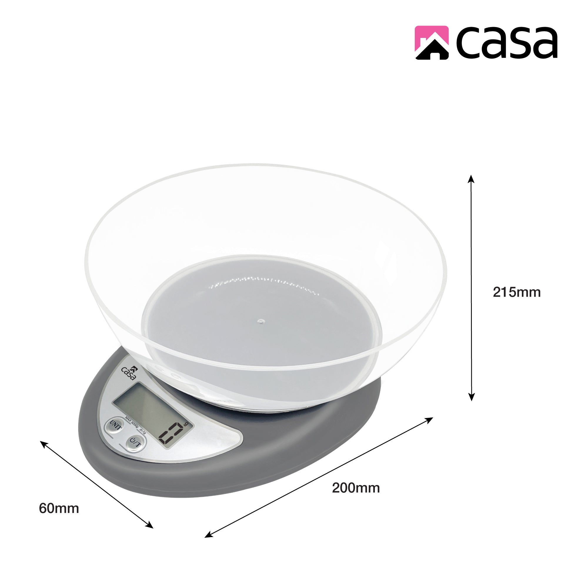Kitchen Digital Scale - Grey - With Clear Plastic Bowl