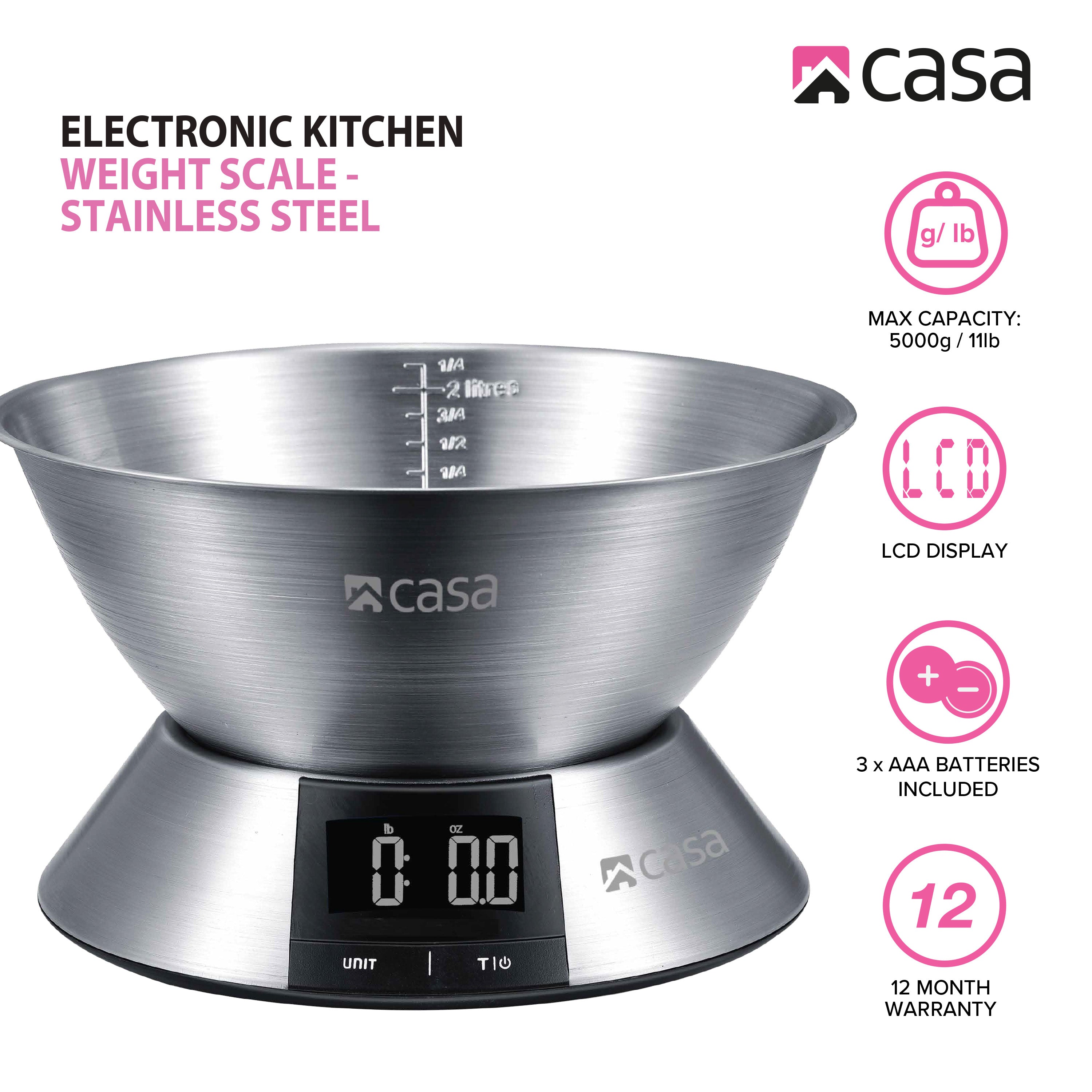 Kitchen Digital Scale - Stainless Steel Base & 2.25L Measuring Bowl