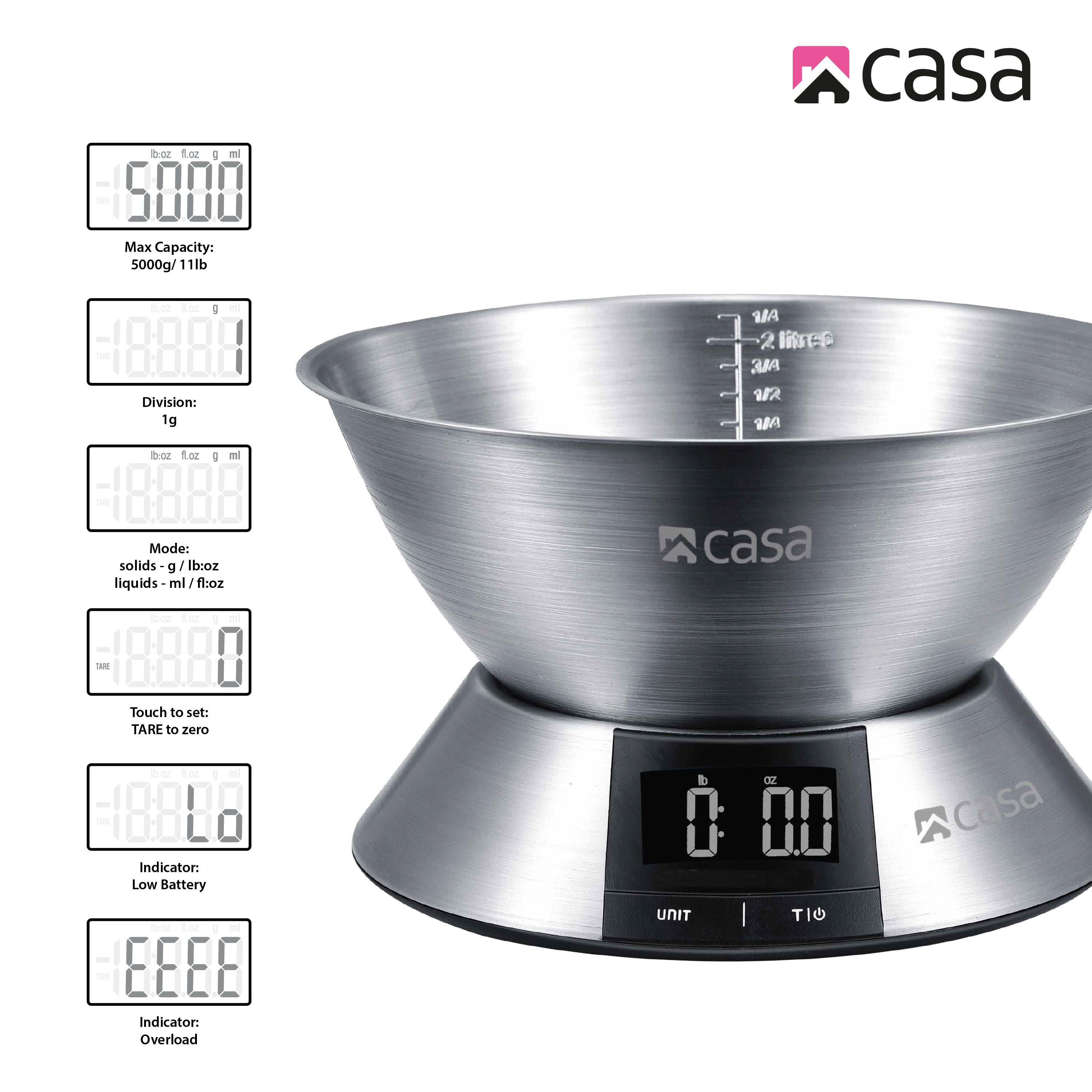 Kitchen Digital Scale - Stainless Steel Base & 2.25L Measuring Bowl