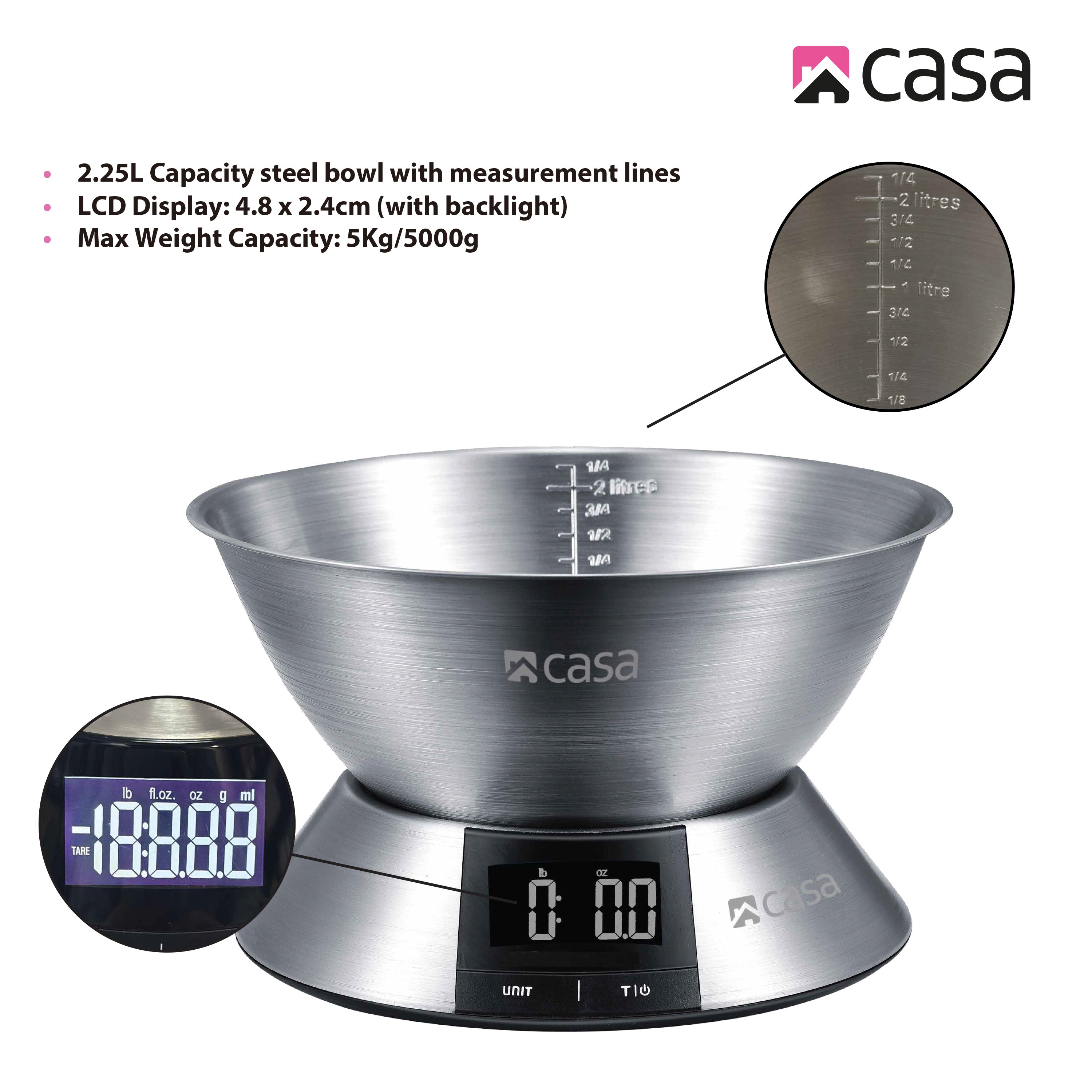 Kitchen Digital Scale - Stainless Steel Base & 2.25L Measuring Bowl