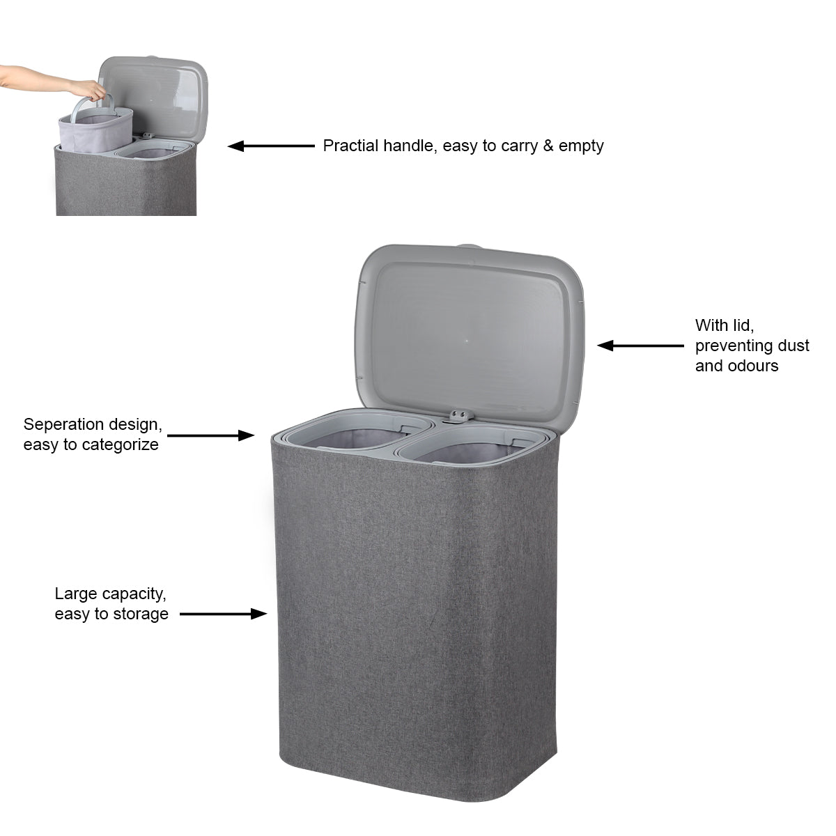 CASA Bellagio 50L 2-Compartment Cloth Laundry Basket - Grey