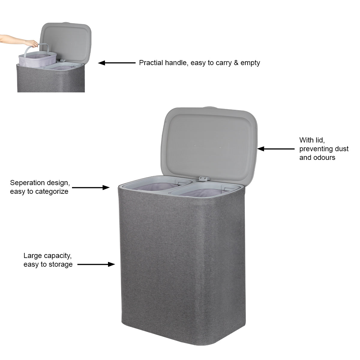 CASA Bellagio 90L 2-Compartment Cloth Laundry Basket - Grey