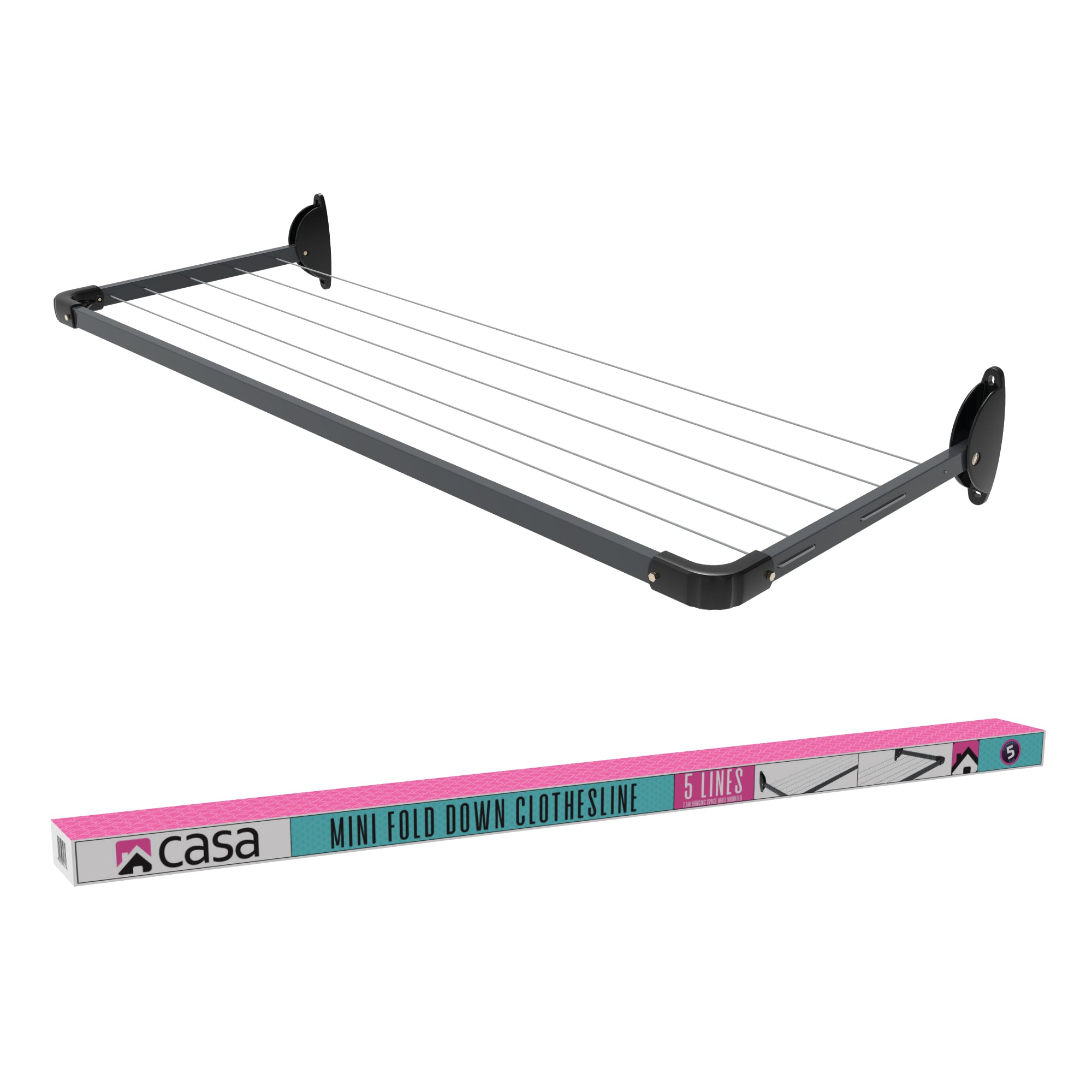 5-Line Mini Fold Down Wall Mounted Clothesline 1.5m - With 7.5m Hanging Space