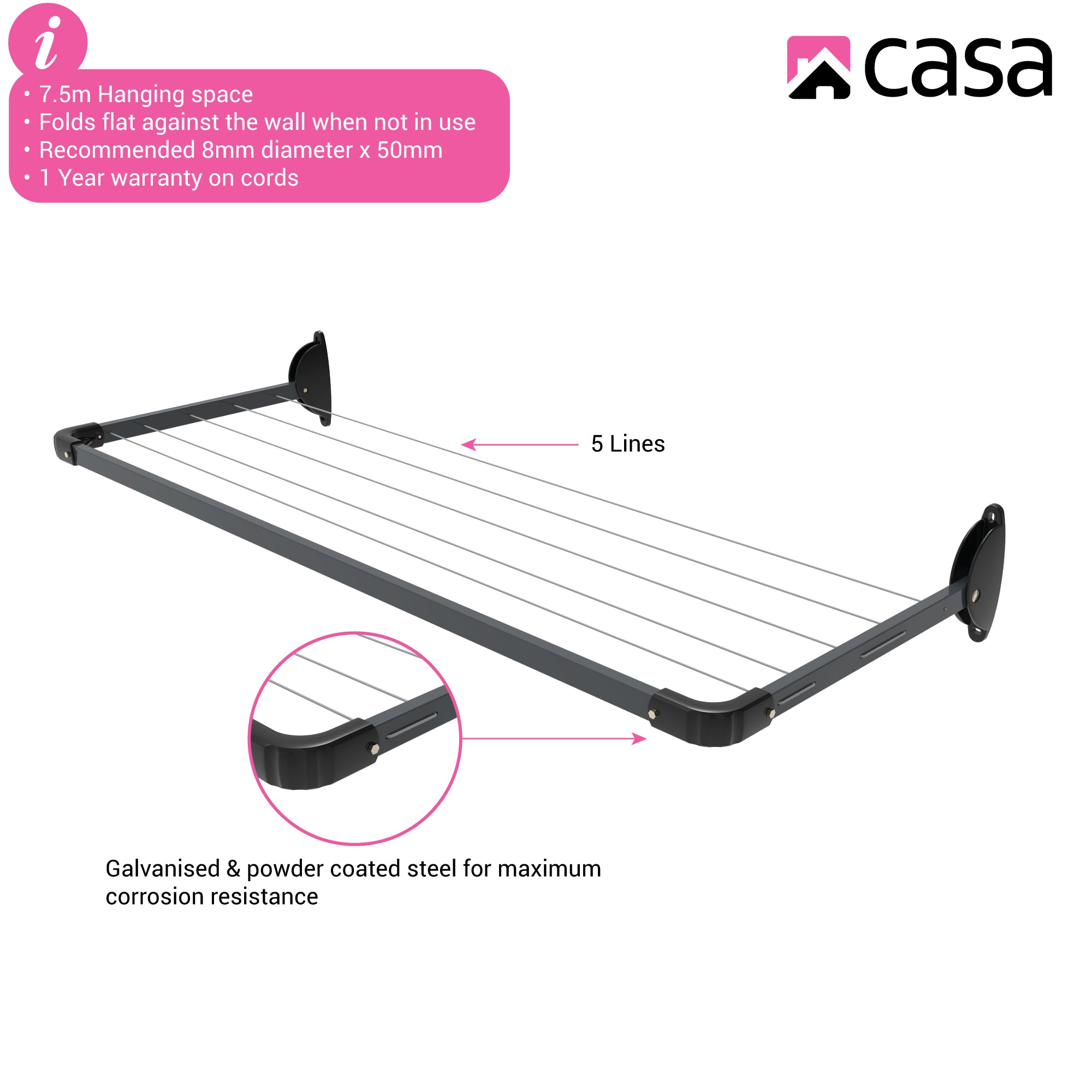5-Line Mini Fold Down Wall Mounted Clothesline 1.5m - With 7.5m Hanging Space