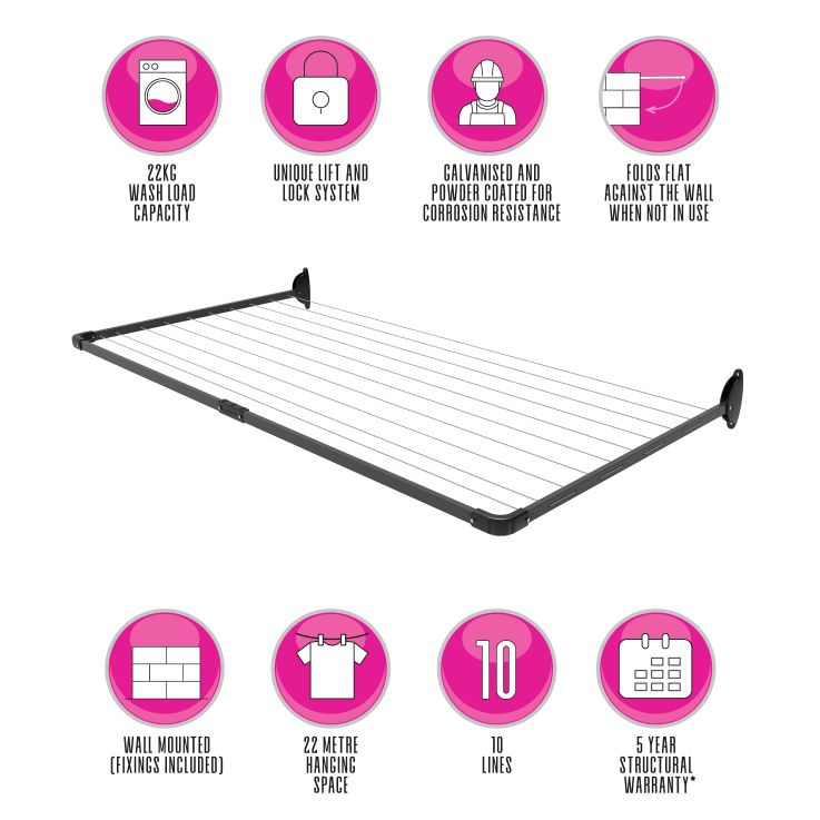 10-Line Single Fold Down Wall Mounted Clothesline - 22M