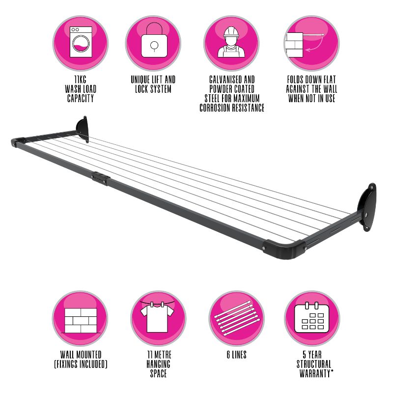 5-Line Slim Fold Down Wall Mounted Clothesline - 11M
