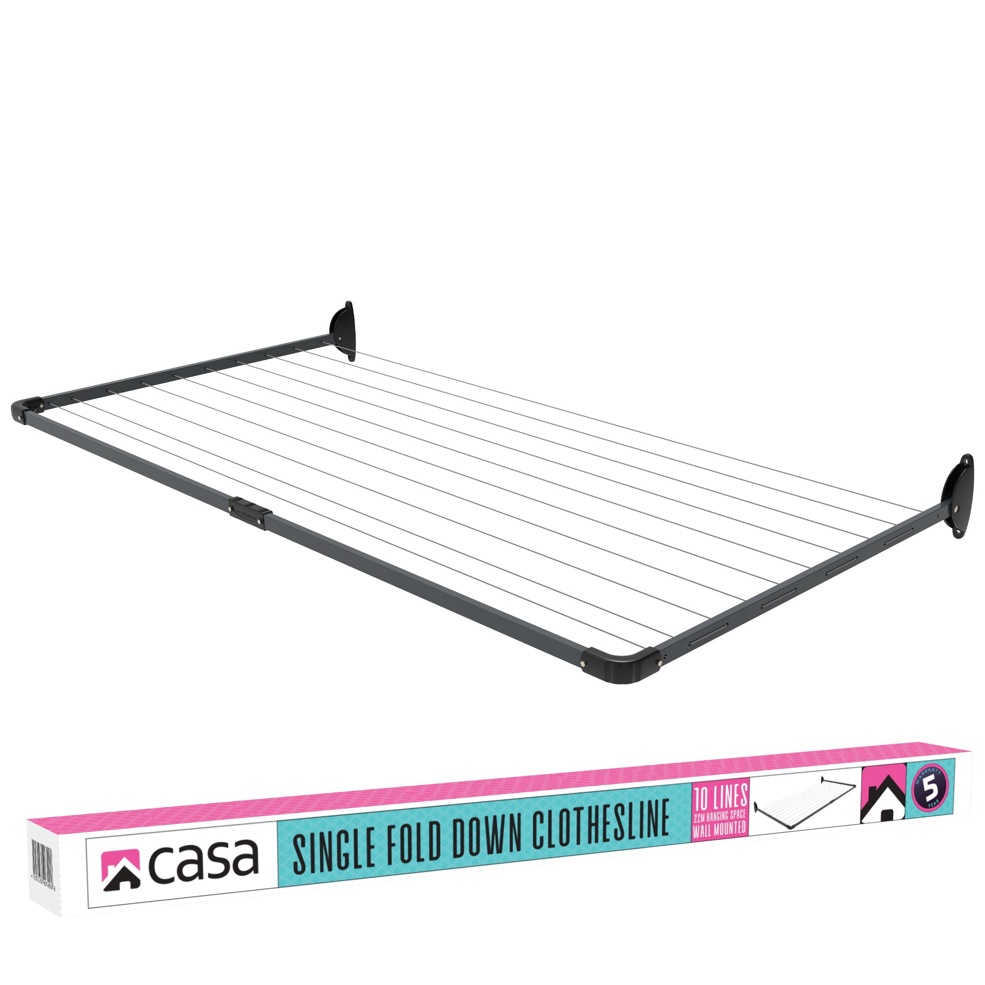10-Line Single Fold Down Wall Mounted Clothesline - 22M