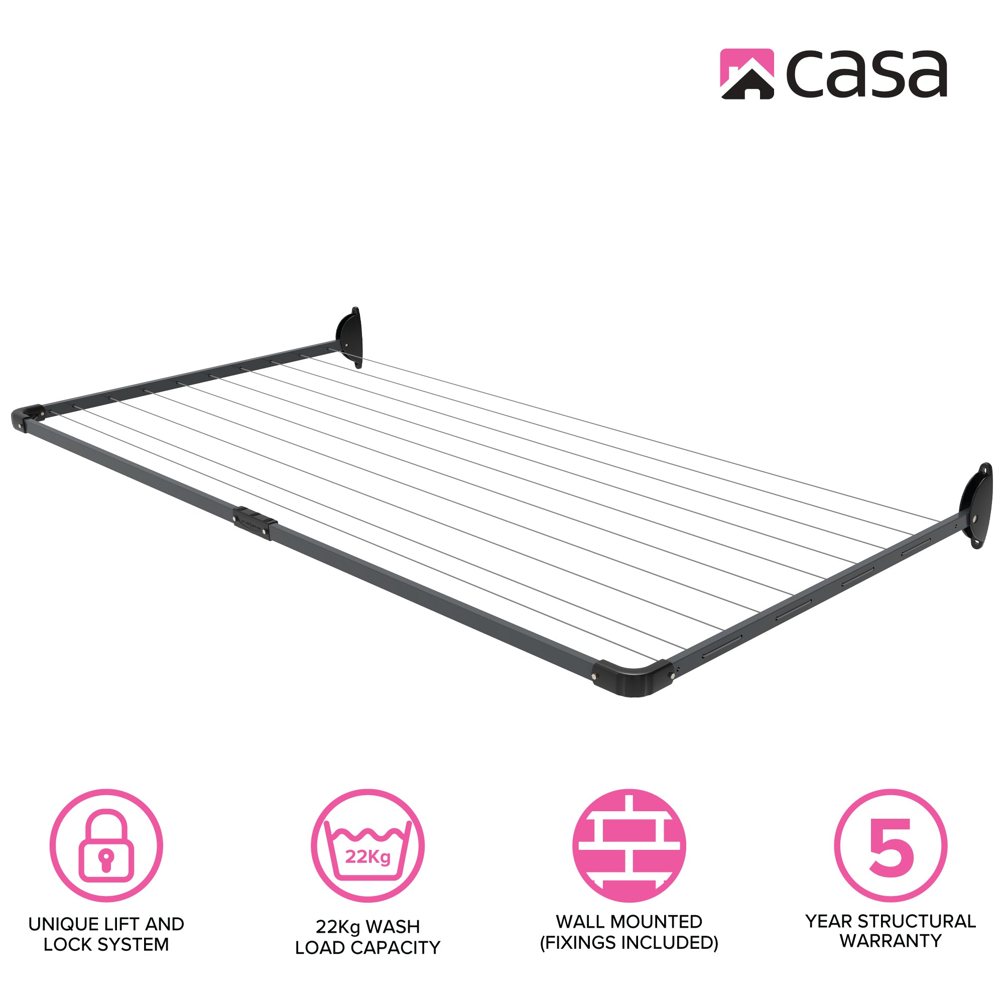 10-Line Single Fold Down Wall Mounted Clothesline - 22M