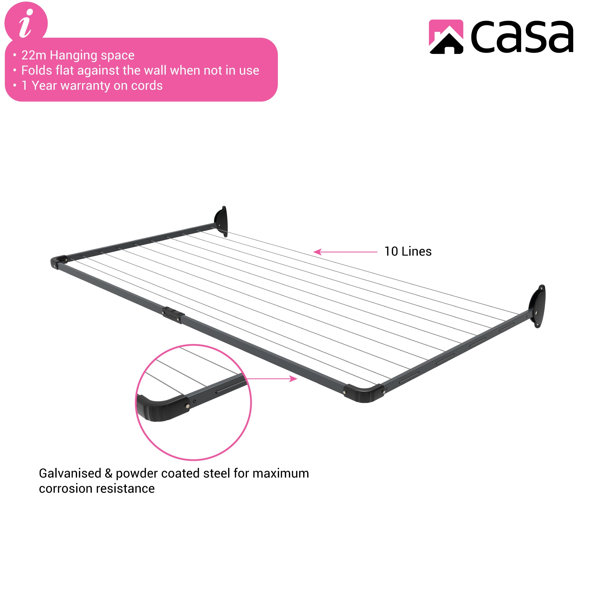 10-Line Single Fold Down Wall Mounted Clothesline - 22M
