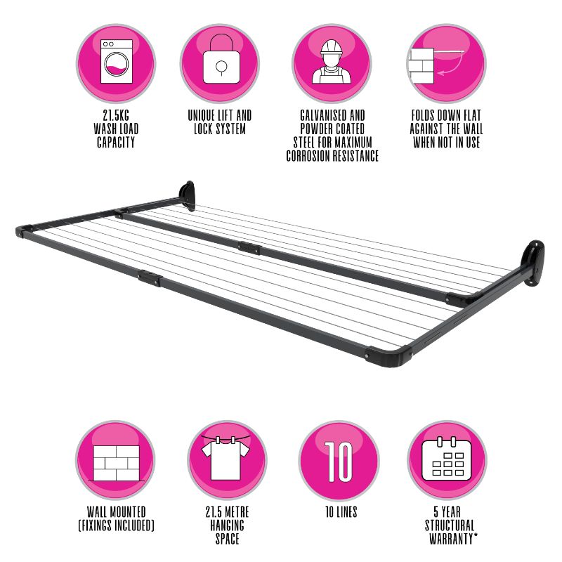 10-Line Twin Fold Down Wall Mounted Clothesline - 21M