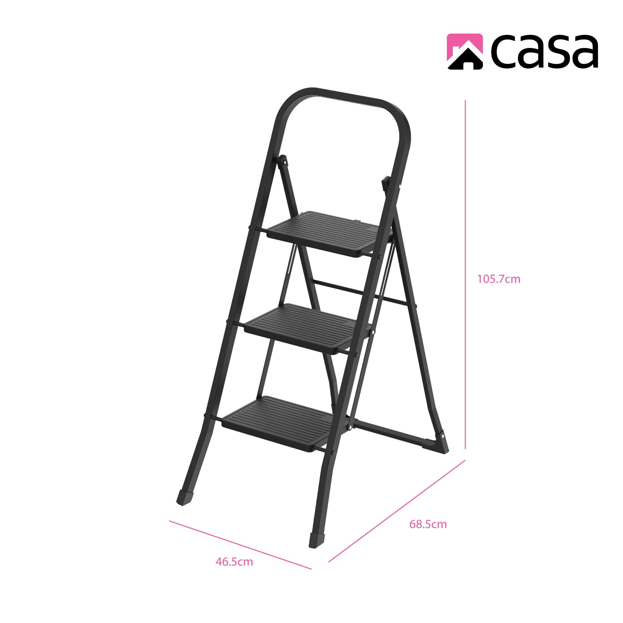 Folding Step Ladder – Steel & Plastic – 3 Steps - Black