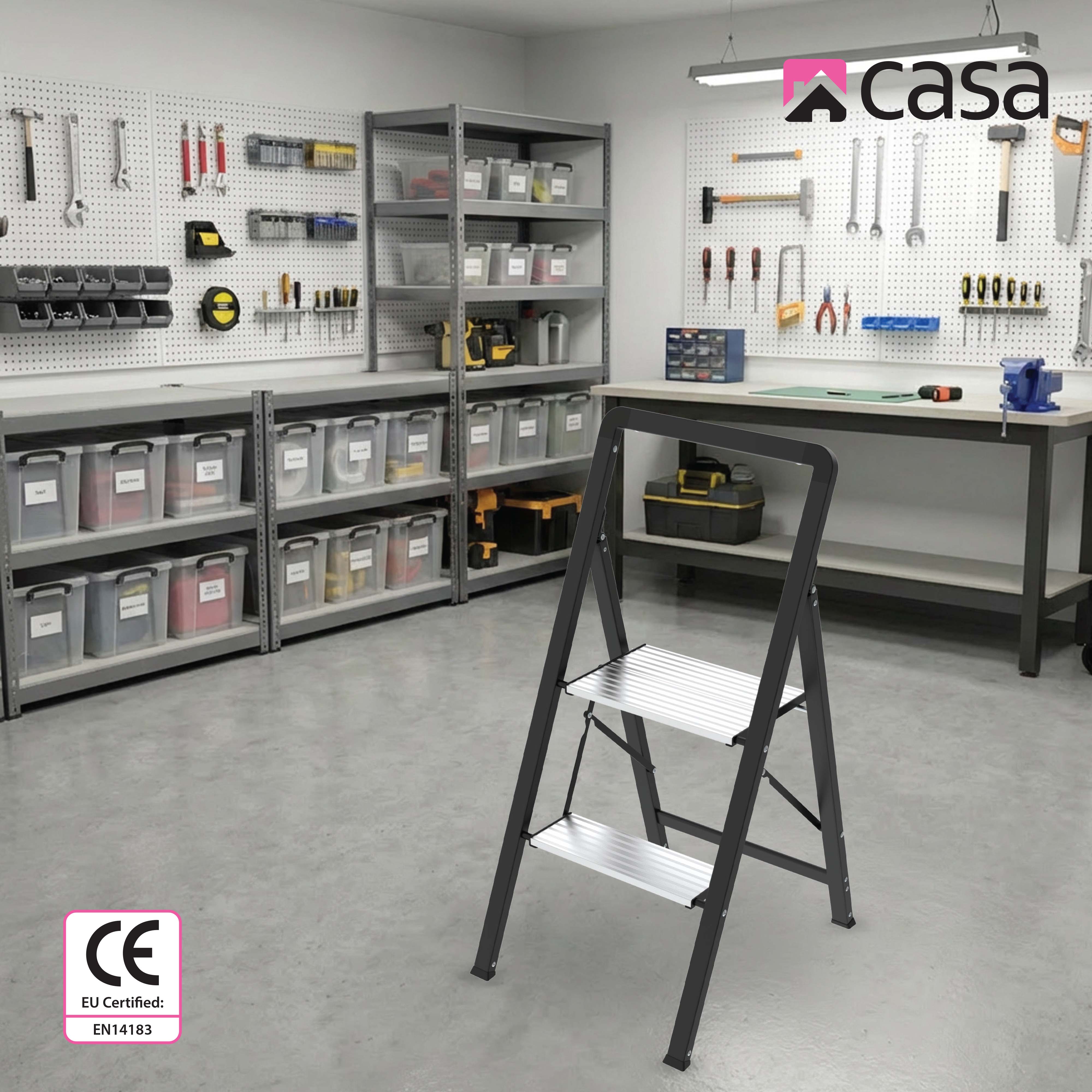 Step Ladder Fro Rack 2-Step Folding Ladder - Steel & Aluminium Black/Silver | Casa