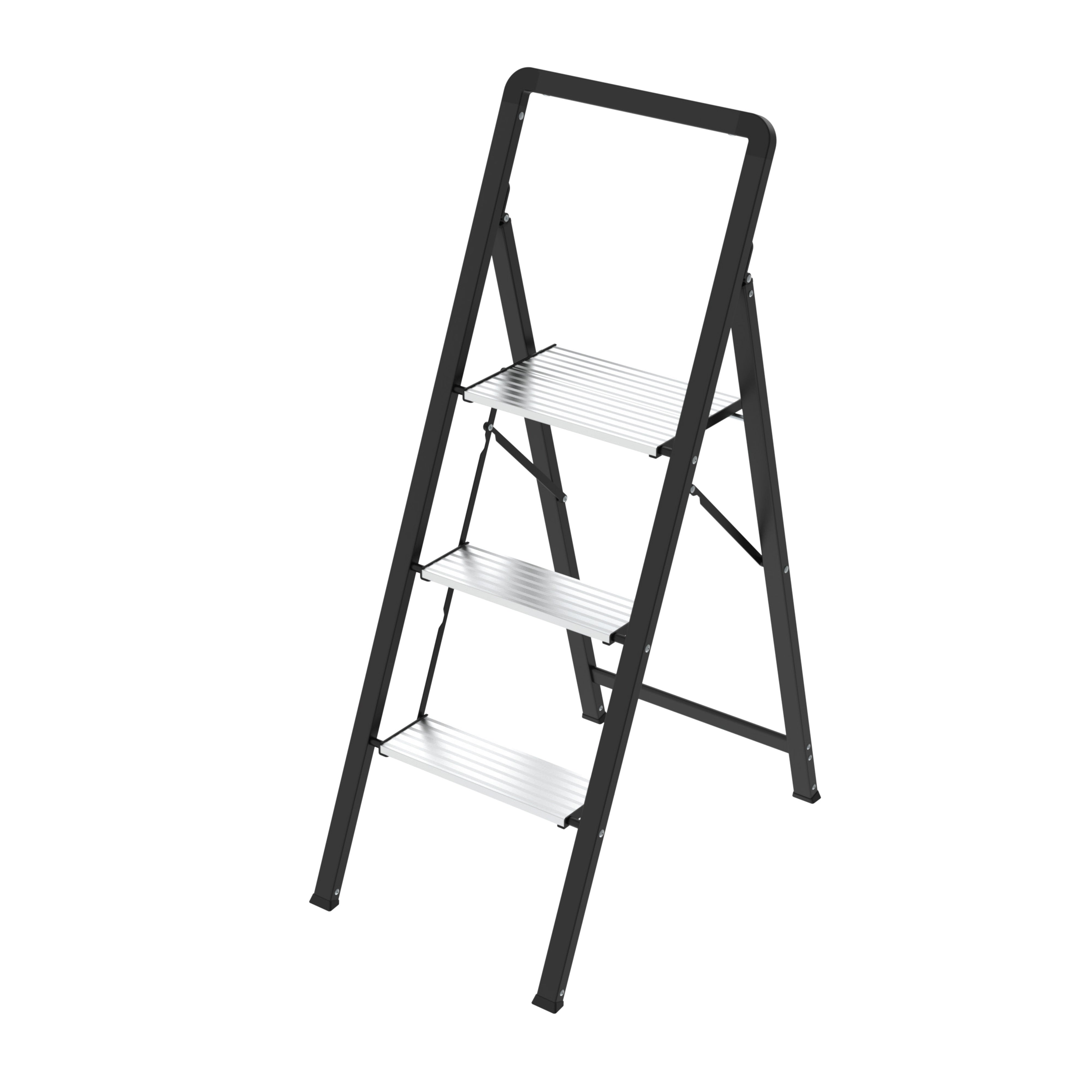 Folding Step Ladder – Steel & Aluminium – 3 Steps – Black/Silver
