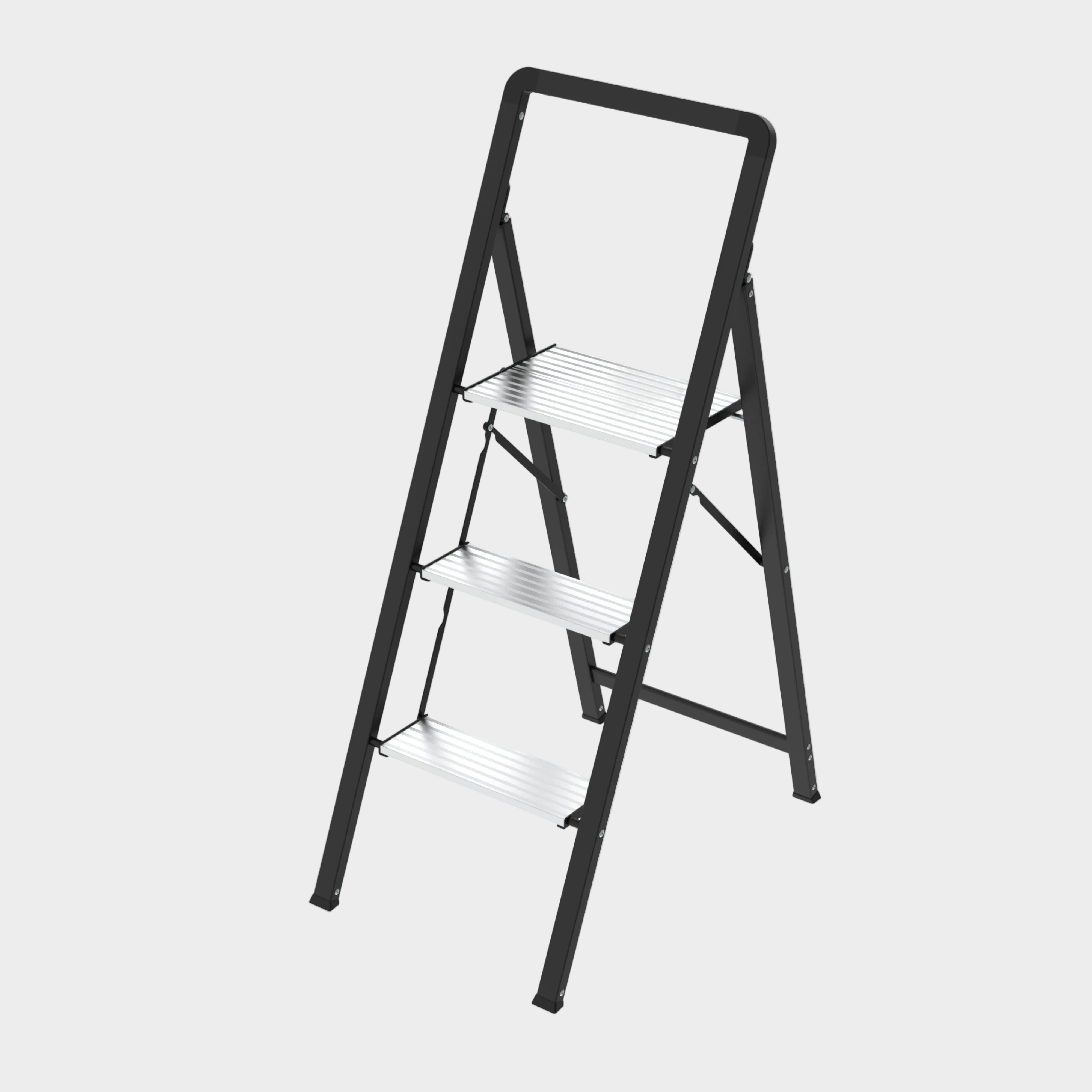 Folding Step Ladder – Steel & Aluminium – 3 Steps – Black/Silver