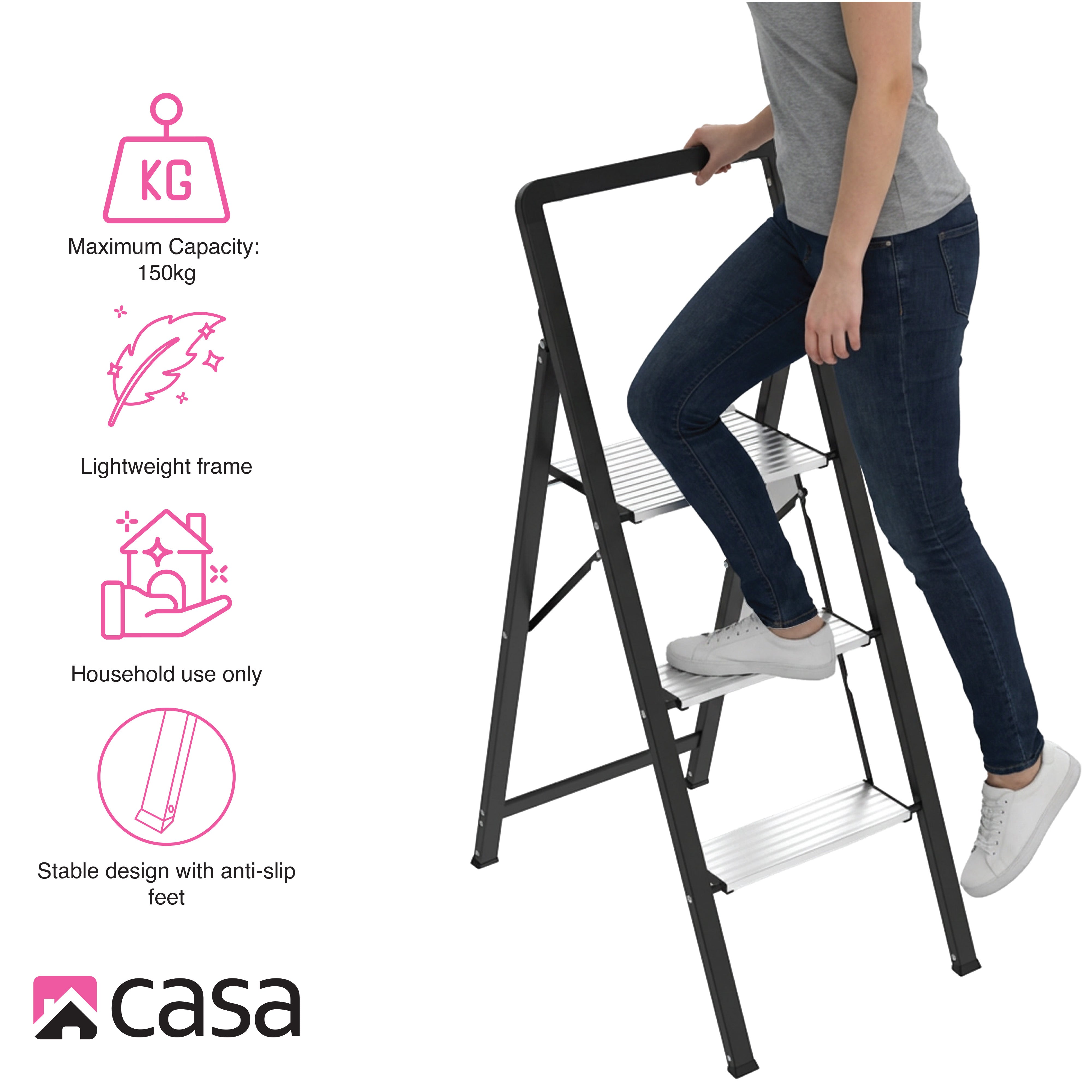 Folding Step Ladder – Steel & Aluminium – 3 Steps – Black/Silver