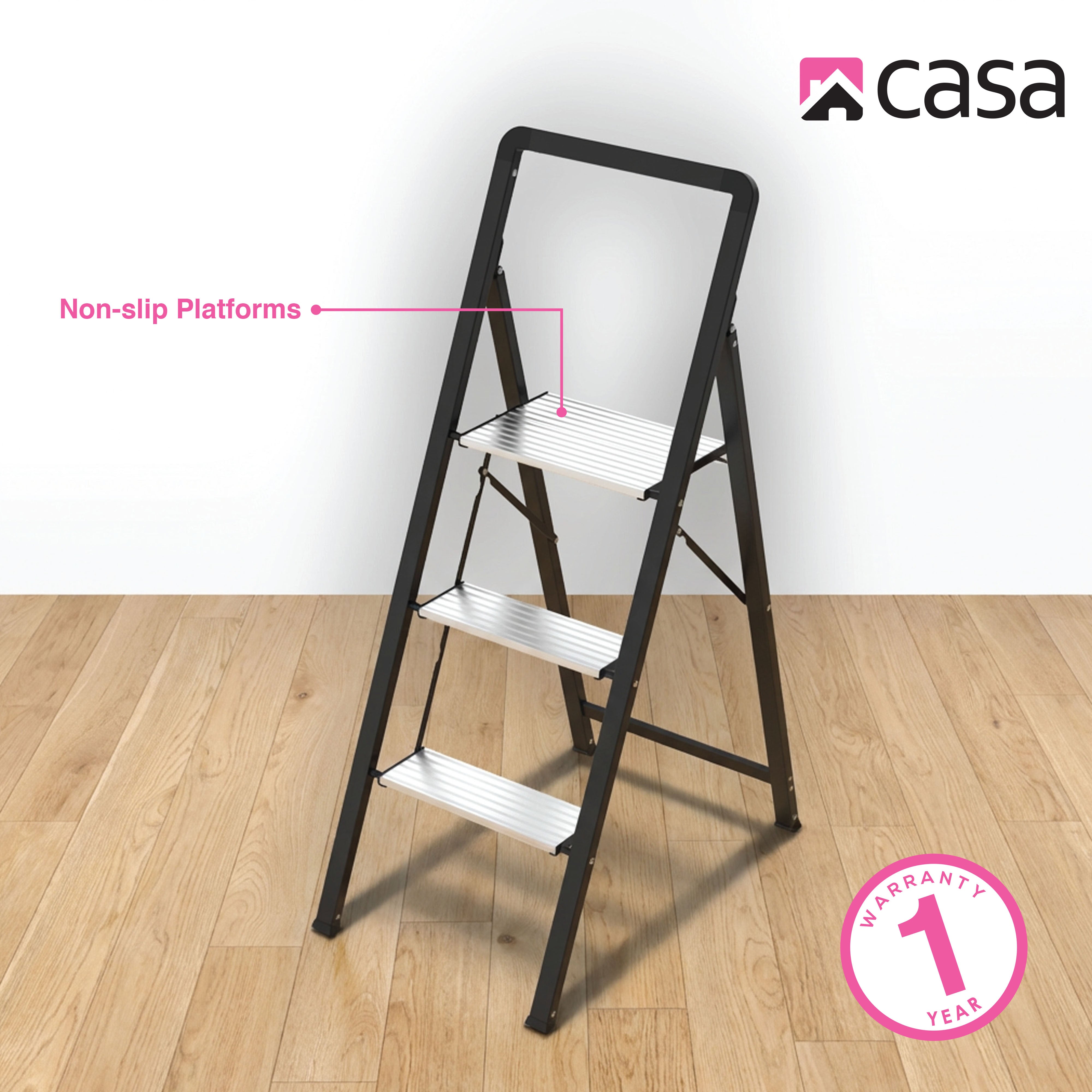 Folding Step Ladder – Steel & Aluminium – 3 Steps – Black/Silver