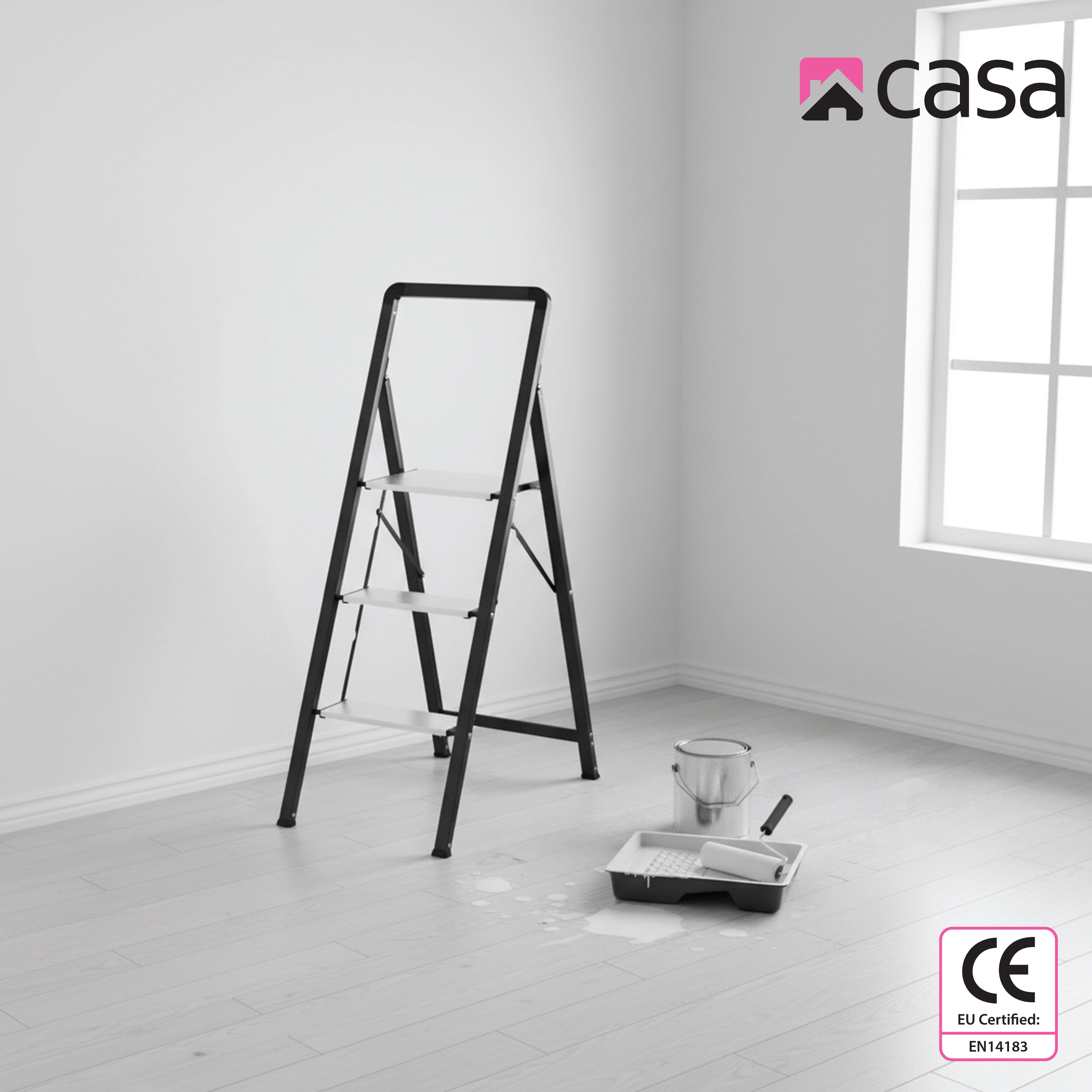 Folding Step Ladder – Steel & Aluminium – 3 Steps – Black/Silver