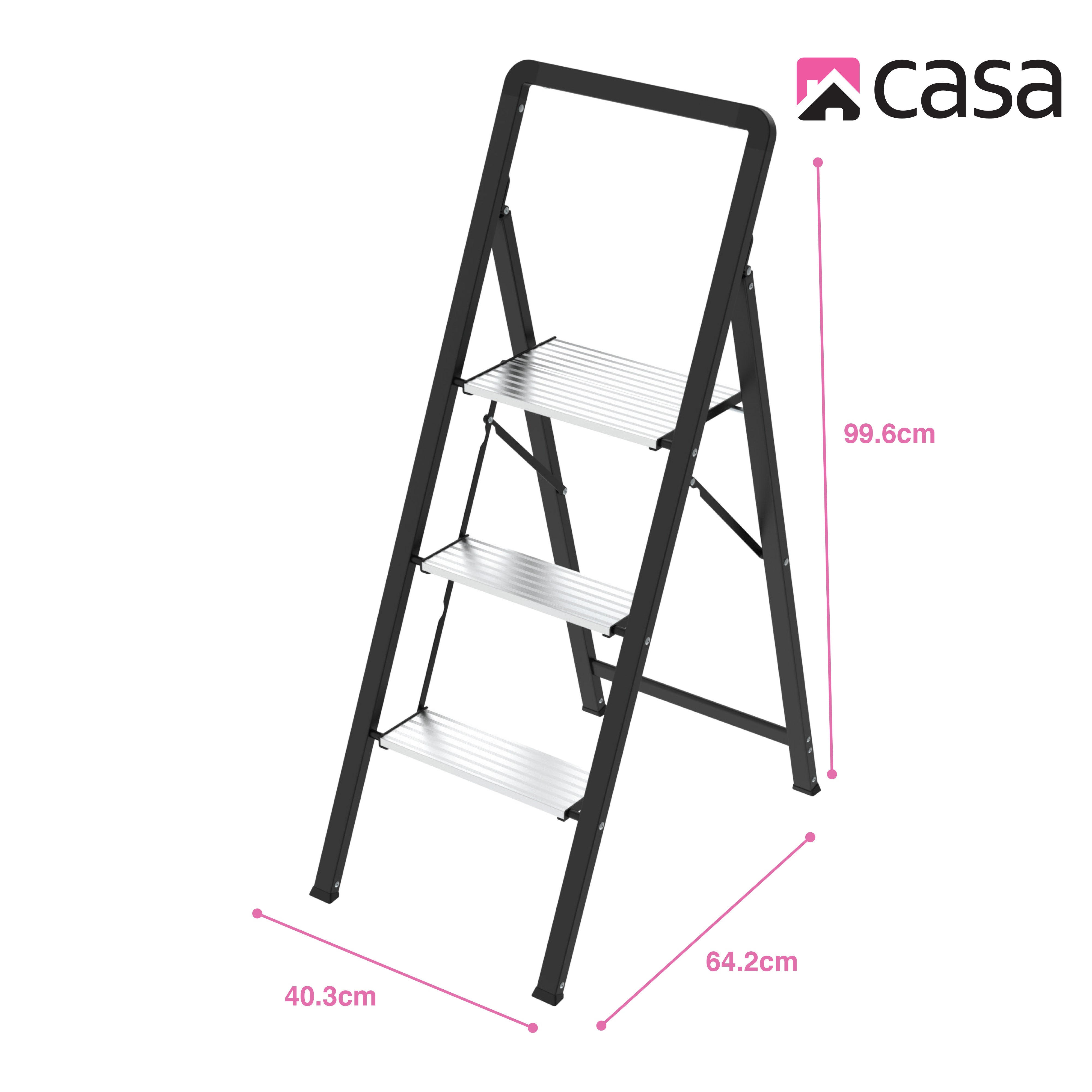 Folding Step Ladder – Steel & Aluminium – 3 Steps – Black/Silver