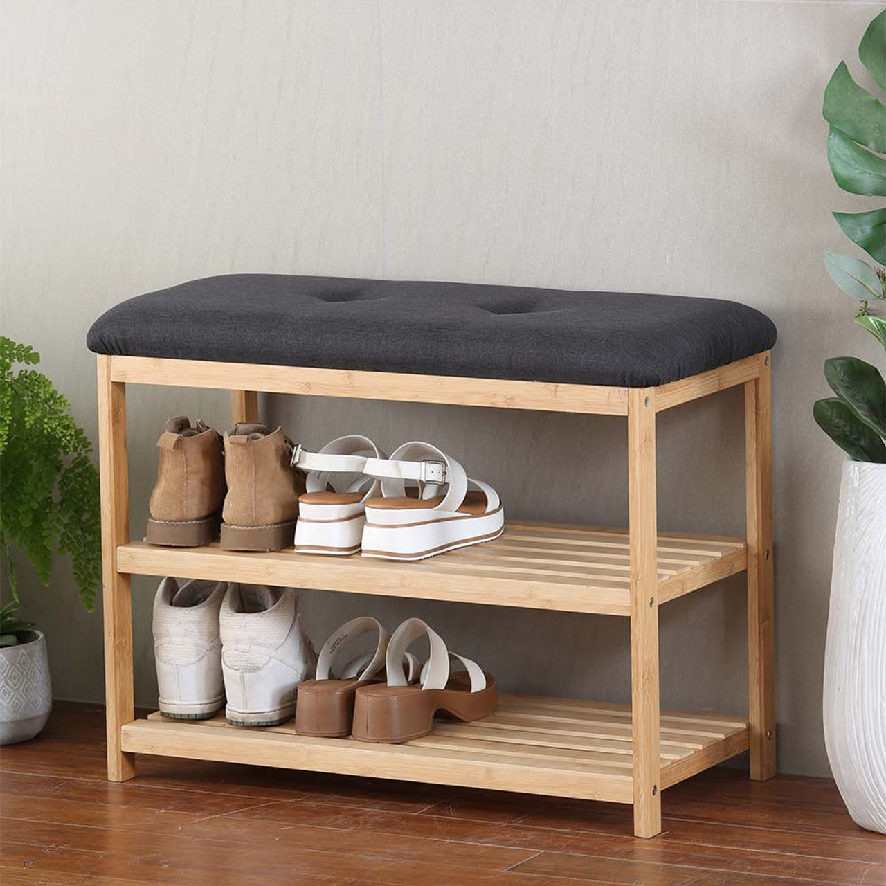Shoe Storage Bench | 2-Tier Racks | Bamboo | Charcoal Seat