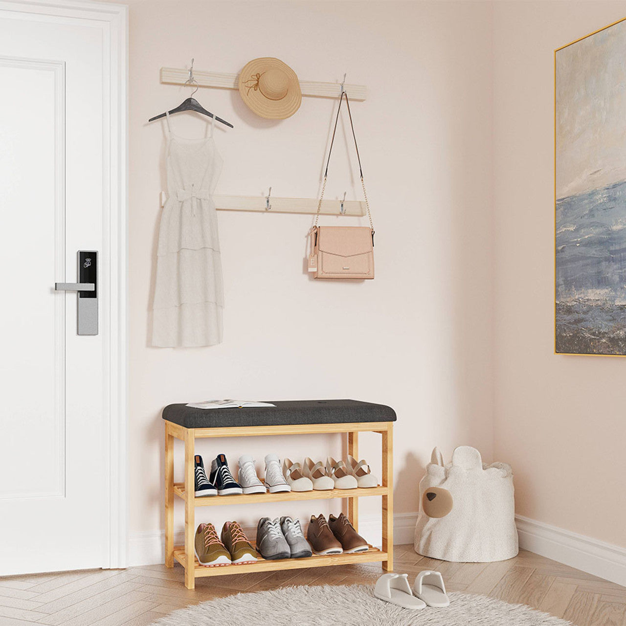 Shoe Storage Bench | 2-Tier Racks | Bamboo | Charcoal Seat