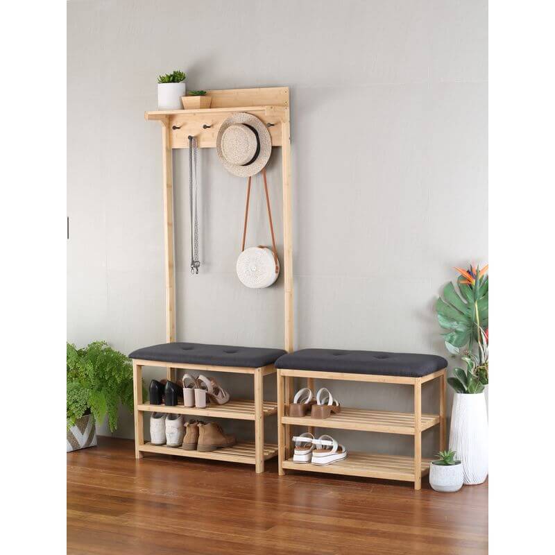 Shoe Storage Bench | 2-Tier Racks | Bamboo | Charcoal Seat