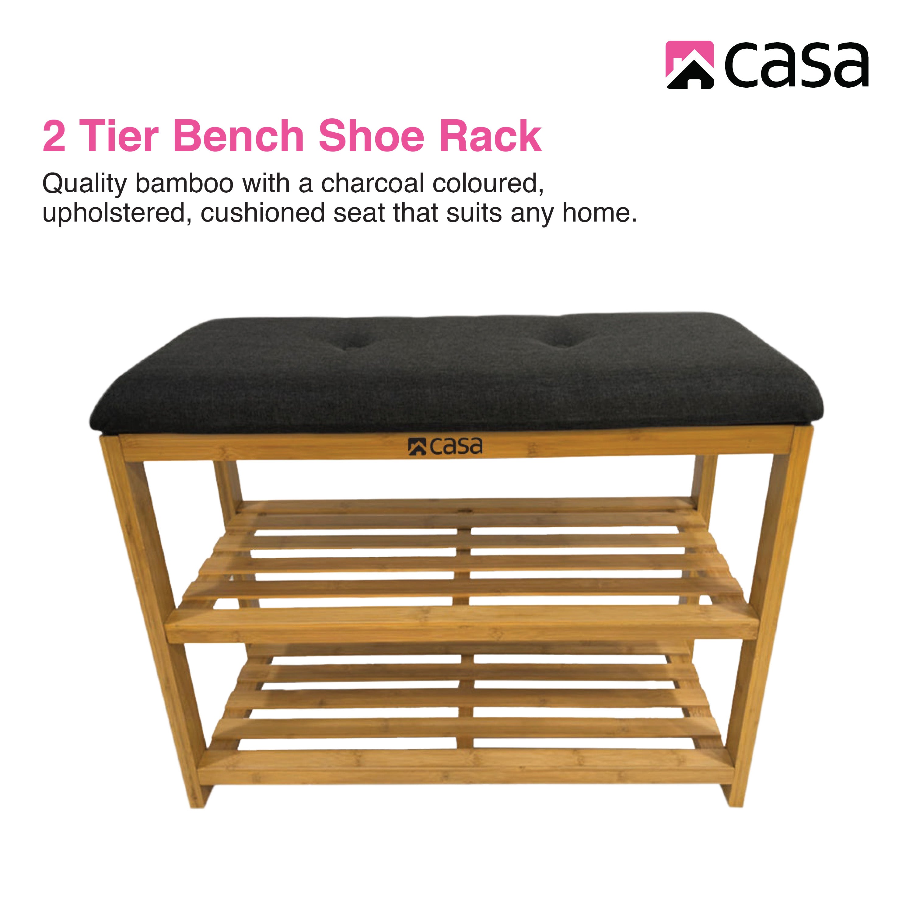 Shoe Storage Bench | 2-Tier Racks | Bamboo | Charcoal Seat