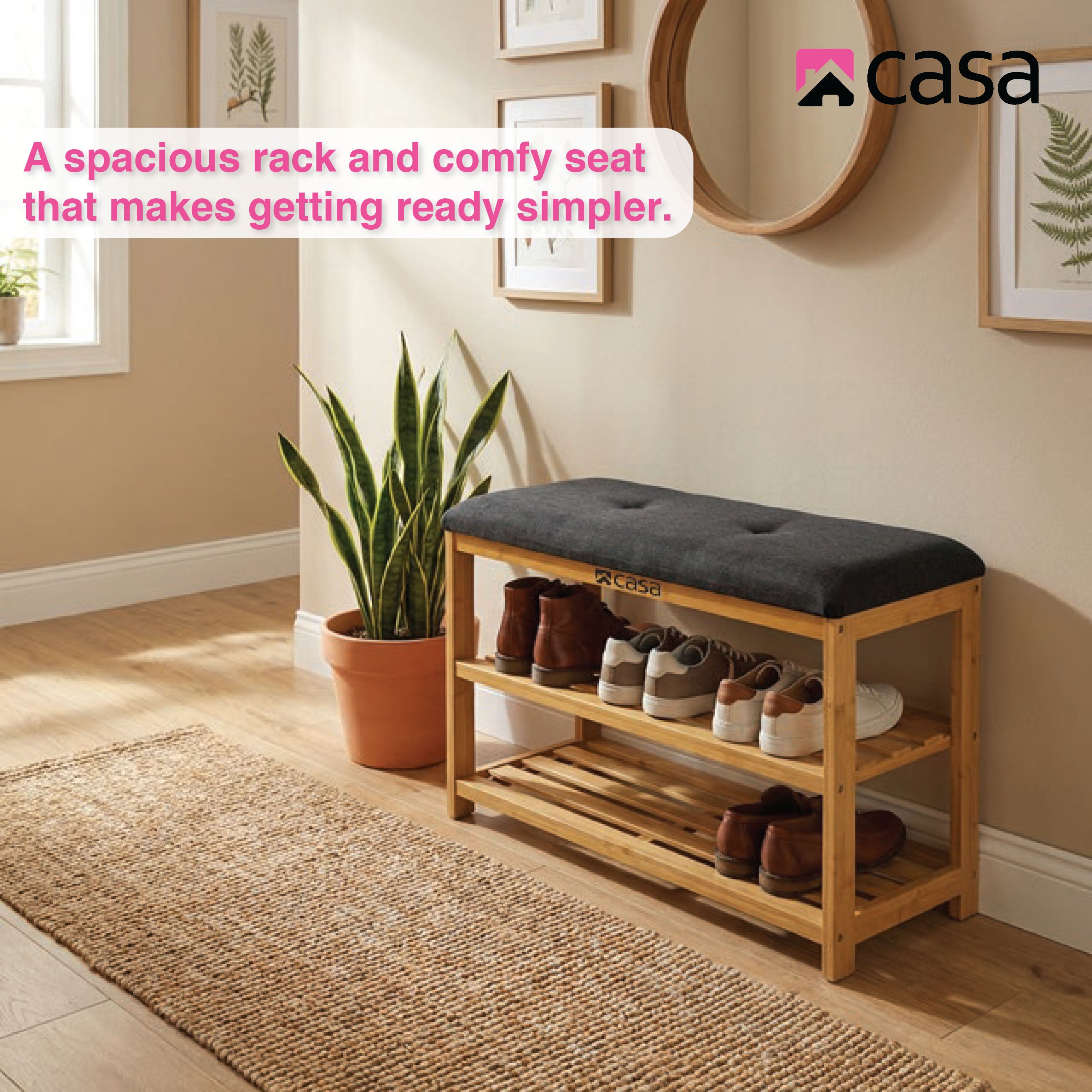 Shoe Storage Bench | 2-Tier Racks | Bamboo | Charcoal Seat